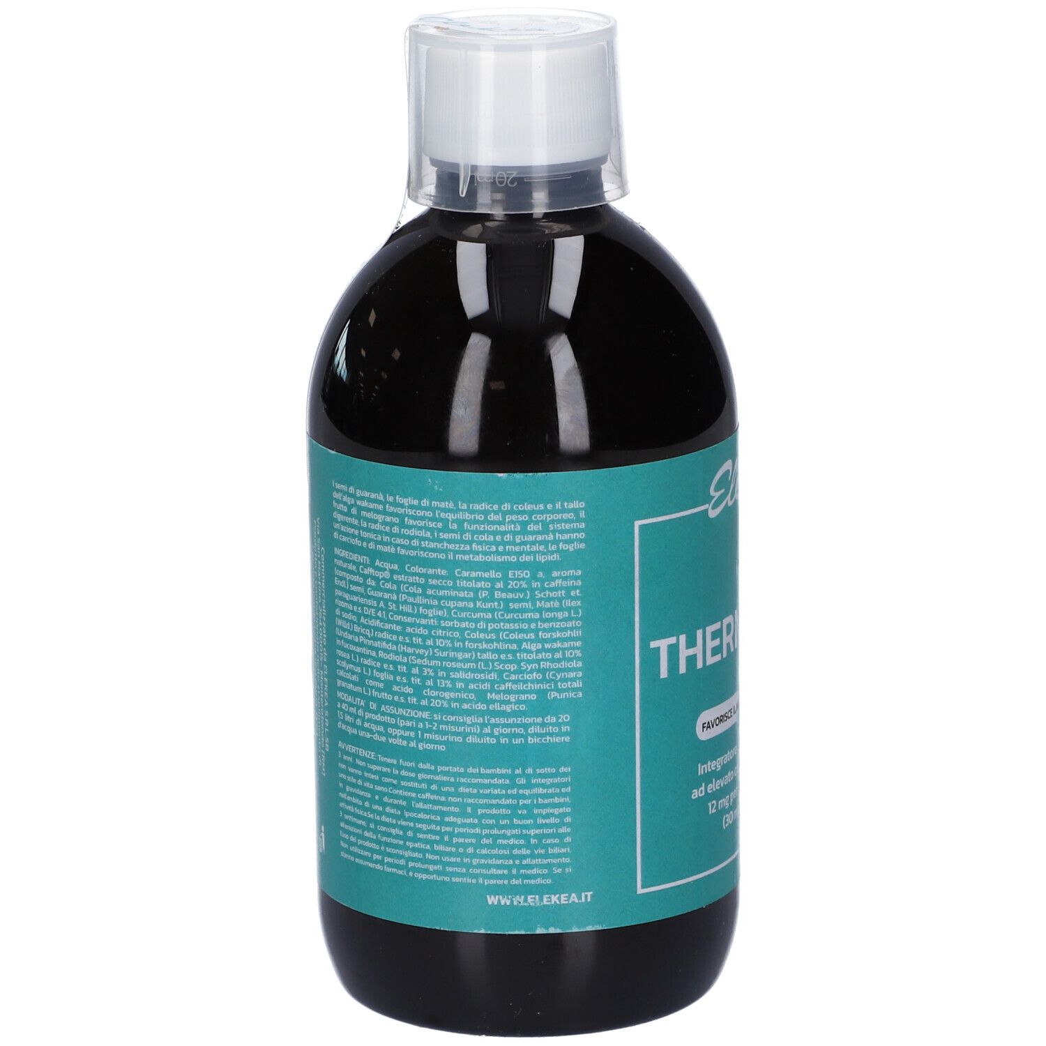 Retro della bottiglia con informazioni. Scritta: Elekea Thermoplus. Testo in italiano. Bottiglia con tappo bianco.