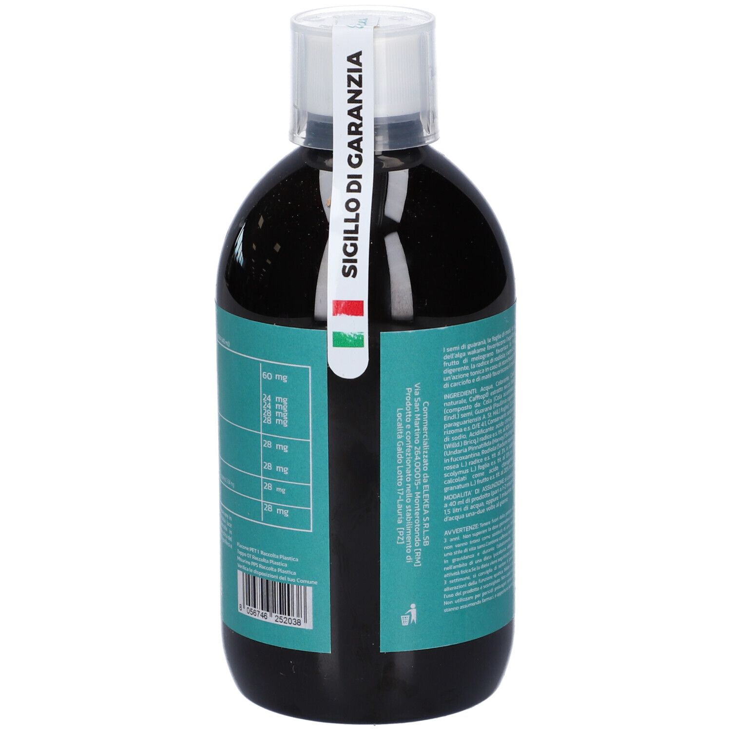 Bottiglia con sigillo 'Sigillo di Garanzia'. Scritta: Elekea Thermoplus. Bottiglia con tappo bianco. Bandiera italiana sul sigillo.