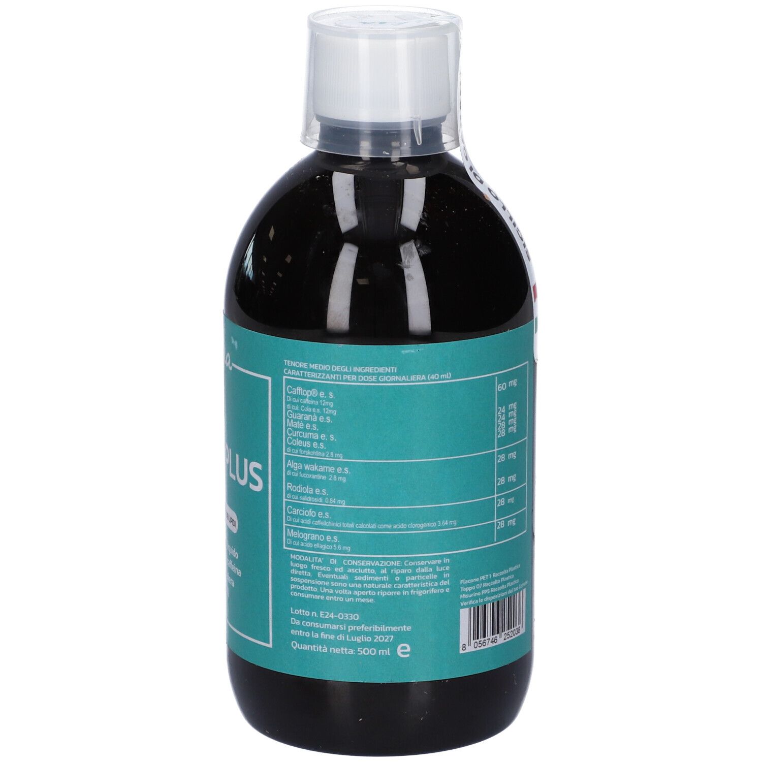 Retro della bottiglia con informazioni. Scritta: Elekea Thermoplus. Testo in italiano. Bottiglia con tappo bianco.