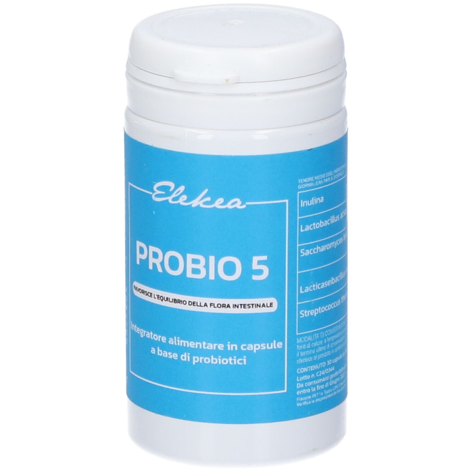 Flacone bianco con etichetta blu. Scritta: Elekea, PROBIO 5. Contiene integratore alimentare a base di probiotici.