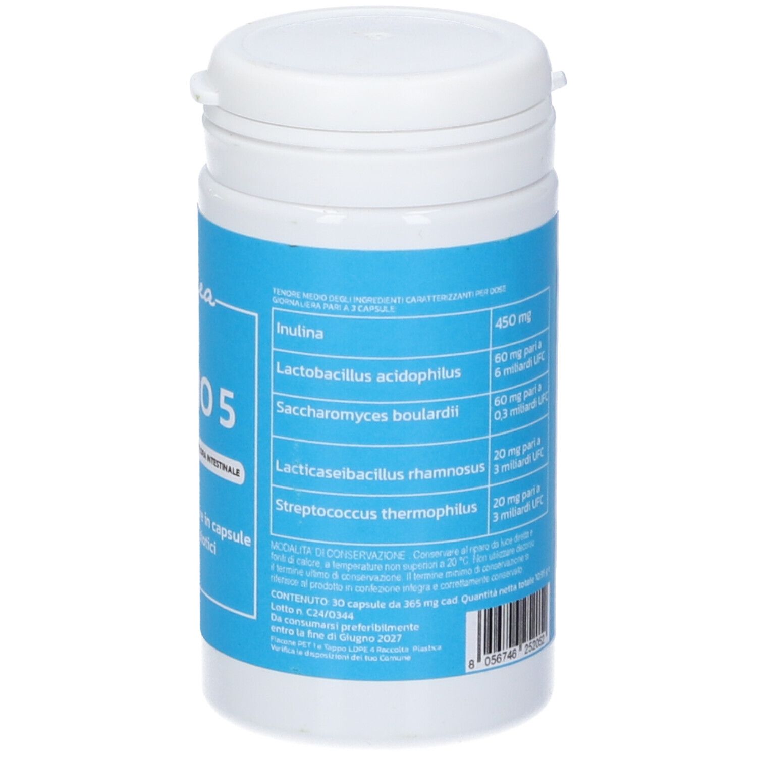 Flacone bianco con etichetta blu. Contiene informazioni nutrizionali. Testo in italiano. Contiene 30 capsule.