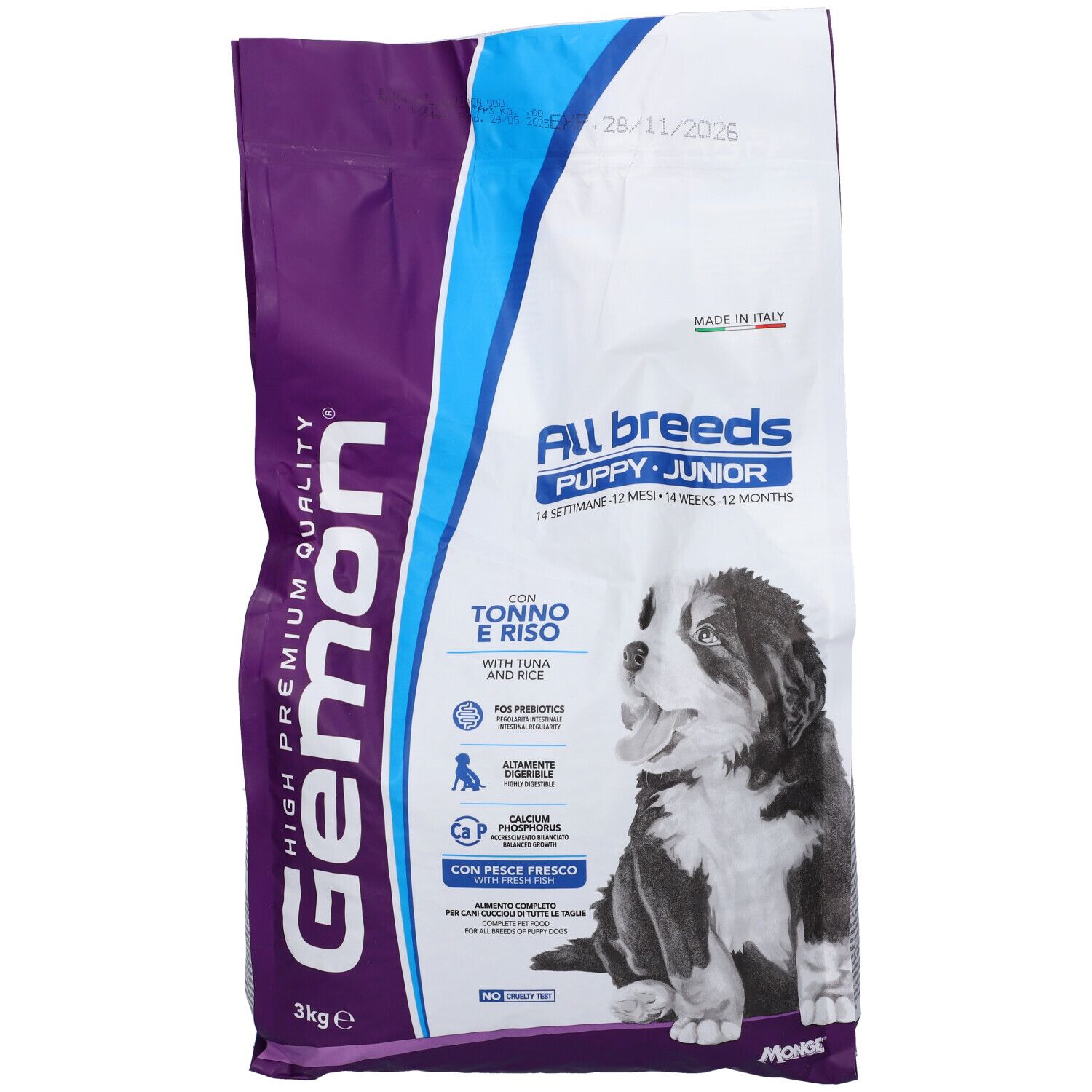 Sacchetto di cibo per cani Gemon All Breeds Puppy & Junior. Contiene tonno e riso. Confezione da 3 kg. Immagine di un cucciolo.