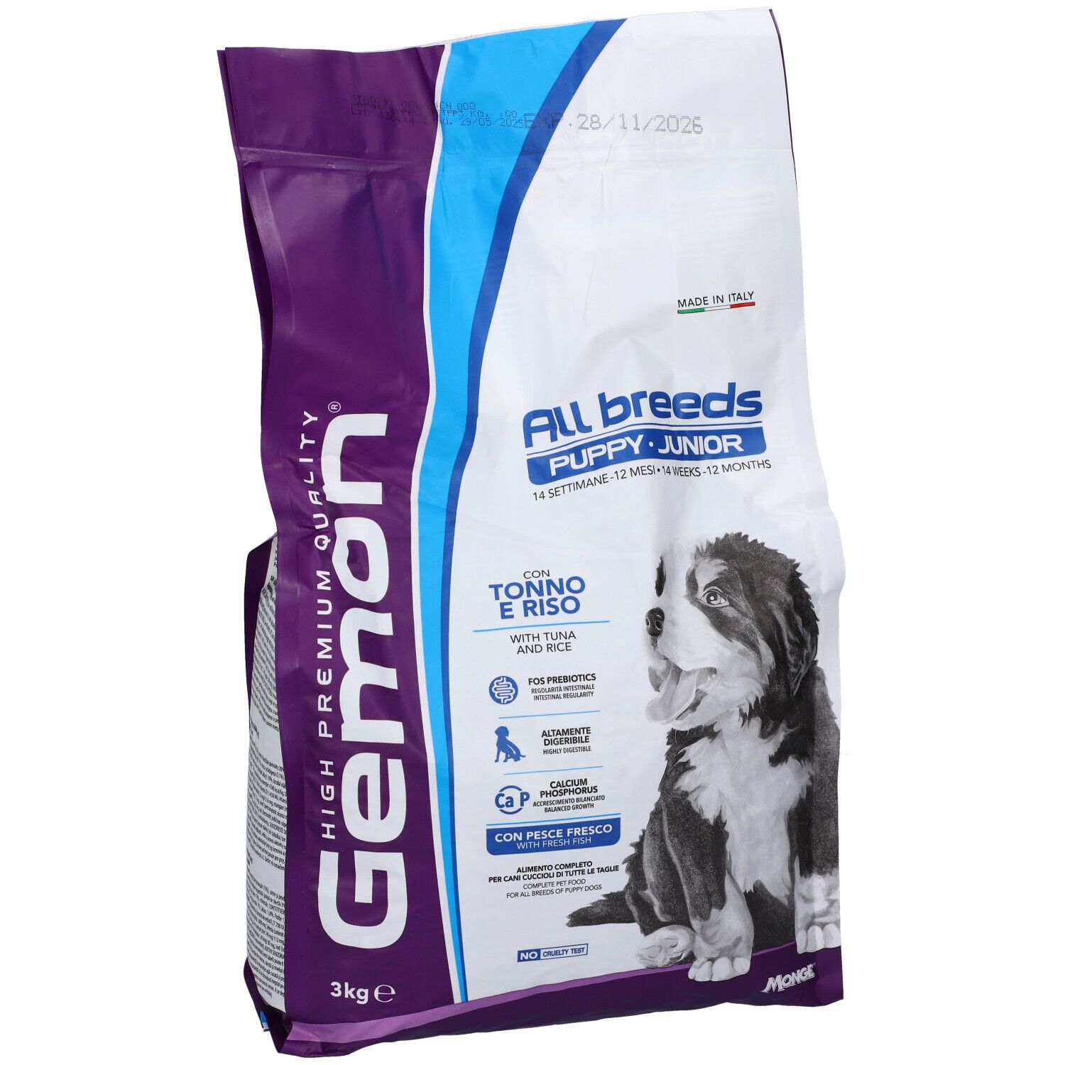 Sacchetto di cibo per cani Gemon All Breeds Puppy & Junior. Contiene tonno e riso. Confezione da 3 kg. Immagine di un cucciolo.