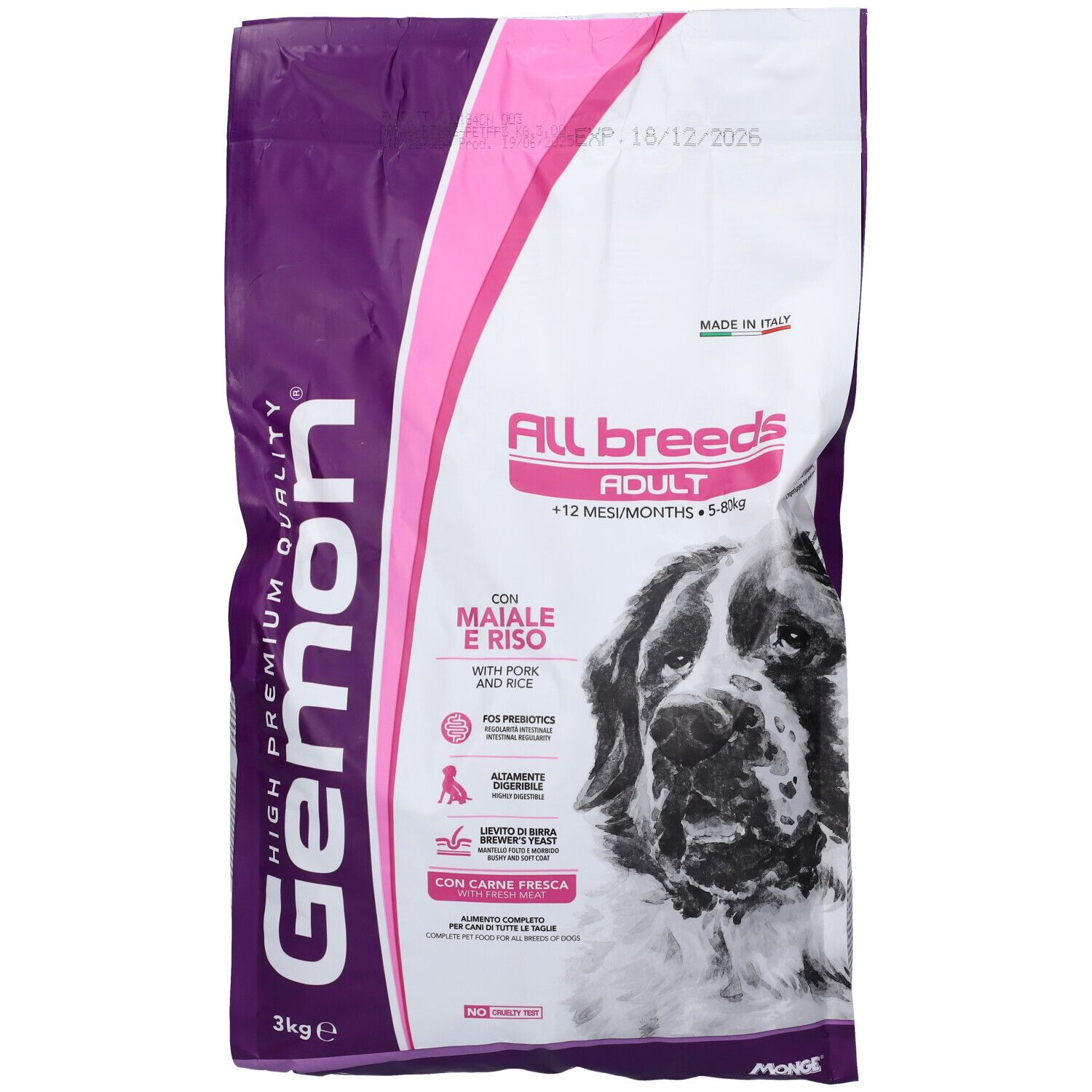 Sacchetto di cibo per cani con stampa. Testo: Gemon, All Breeds Adult, con maiale e riso. Immagine di un cane.