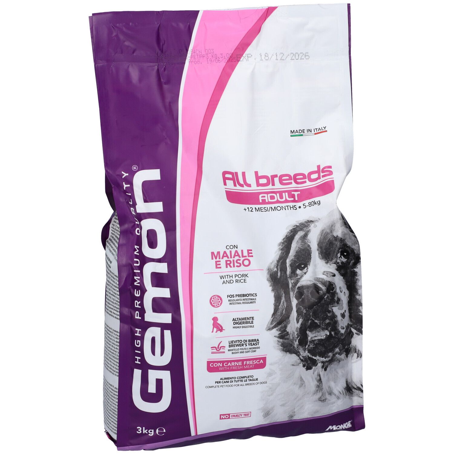 Sacchetto di cibo per cani con stampa. Testo: Gemon, All Breeds Adult, con maiale e riso. Immagine di un cane.