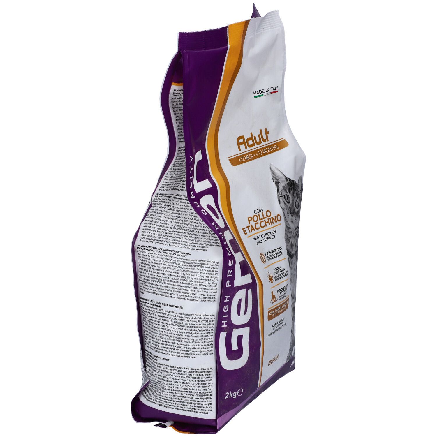 Sacchetto di cibo per gatti Gemon Adult, vista laterale. Scritta: Adult, con pollo e tacchino. 2 kg. Confezione.