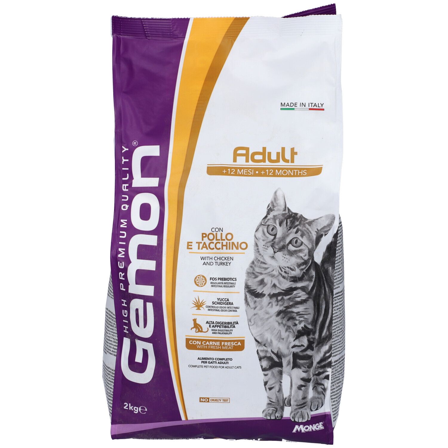 Sacchetto di cibo per gatti Gemon Adult. Scritta: Adult, con pollo e tacchino. 2 kg. Confezione. Gatto.