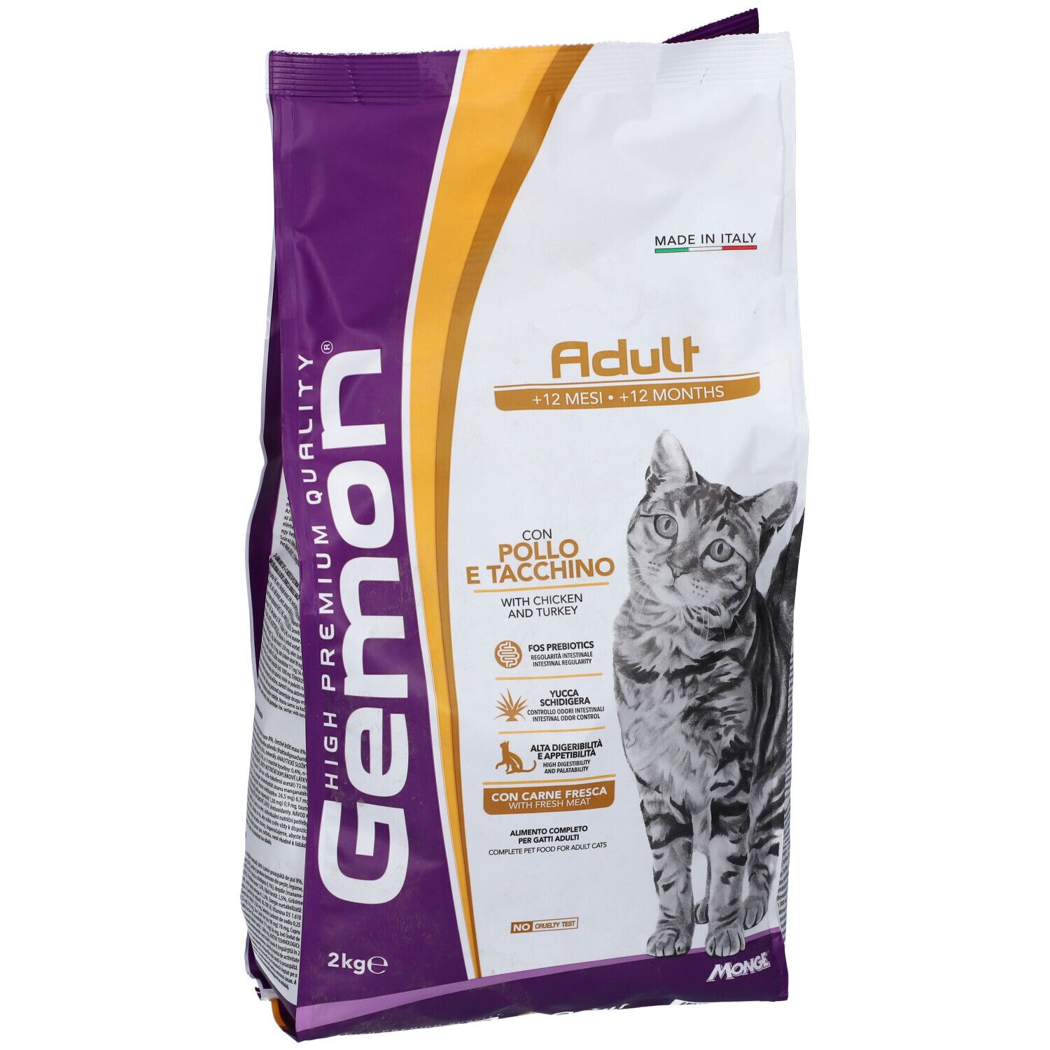 Sacchetto di cibo per gatti Gemon Adult. Scritta: Adult, con pollo e tacchino. 2 kg. Confezione. Gatto.