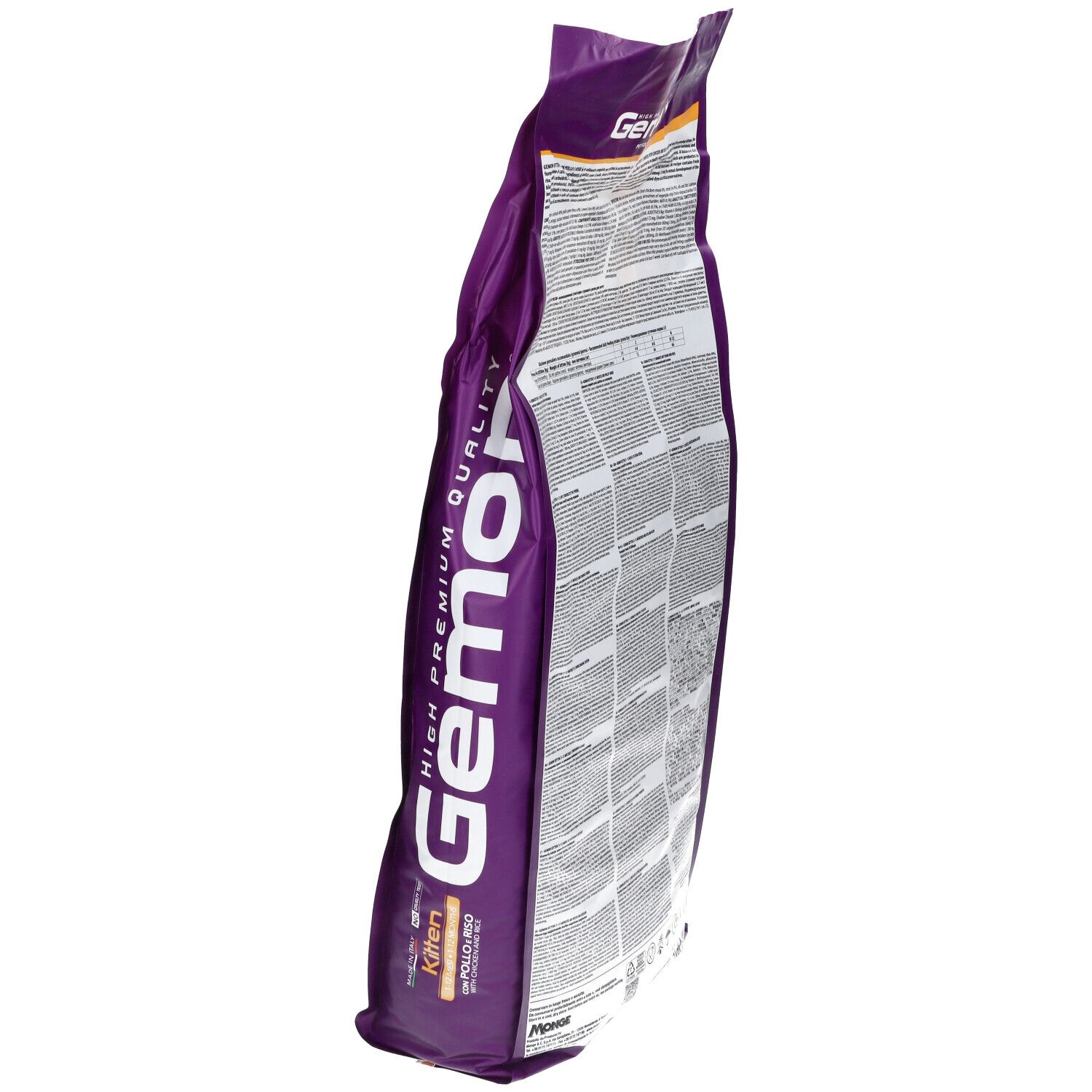 Sacchetto di cibo per gatti Gemon Kitten, vista laterale. Retro con testo e informazioni nutrizionali.