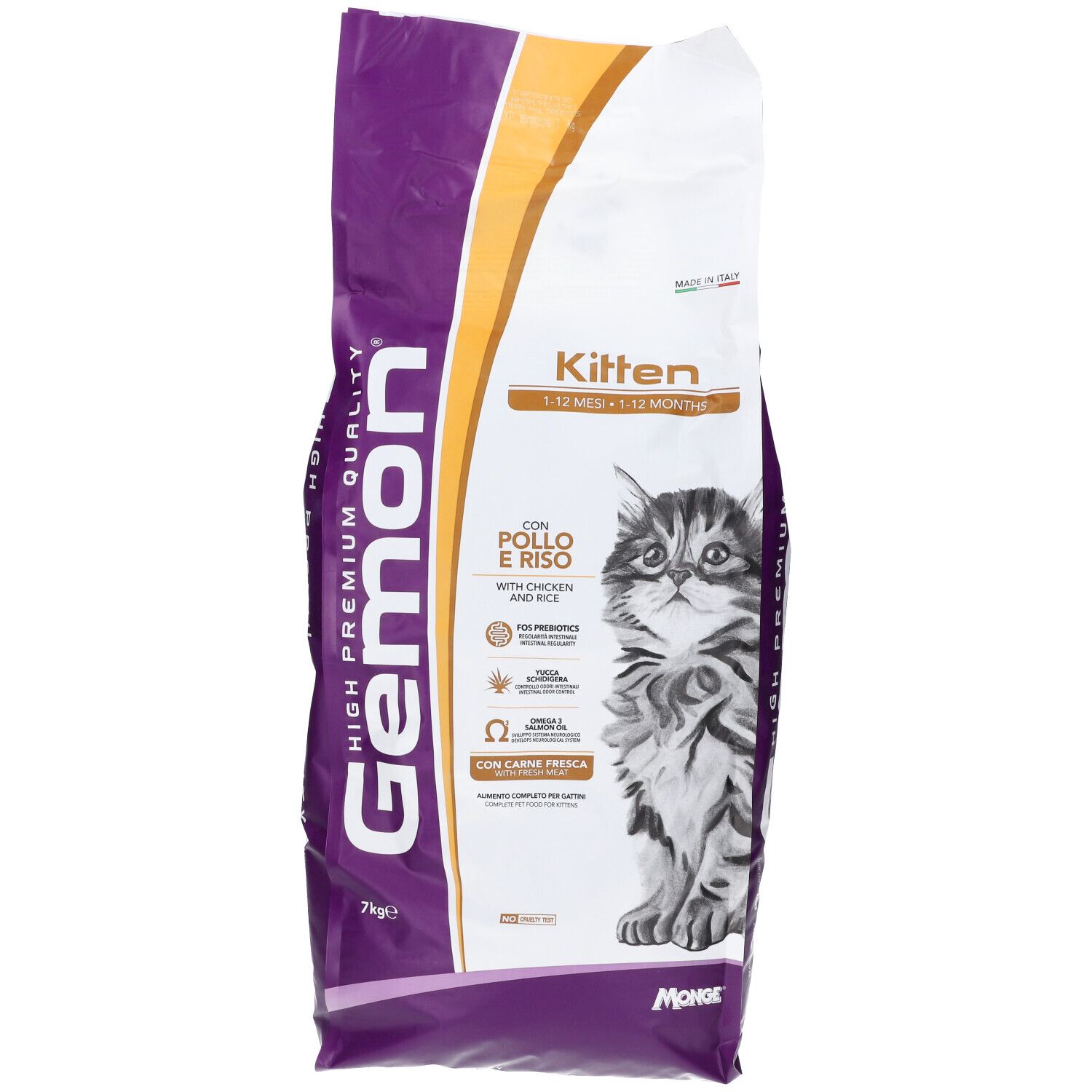 Sacchetto di cibo per gatti Gemon Kitten. Scritto: Kitten, con pollo e riso, 7 kg. Immagine di un gatto.
