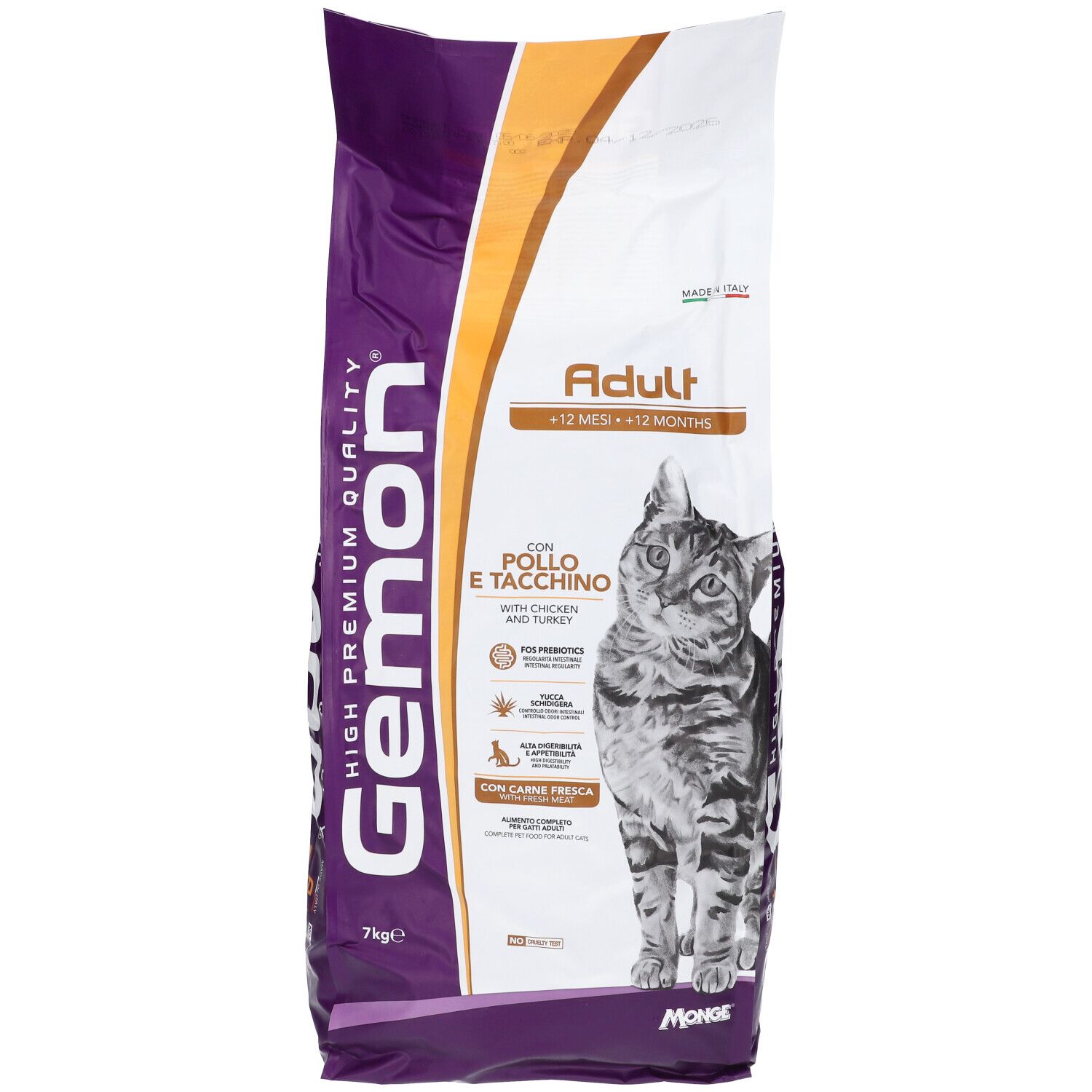 Sacchetto di cibo per gatti Gemon Adult. Scritta: Adult, Pollo e Tacchino, gatto. 7 kg. Confezione viola e bianca.