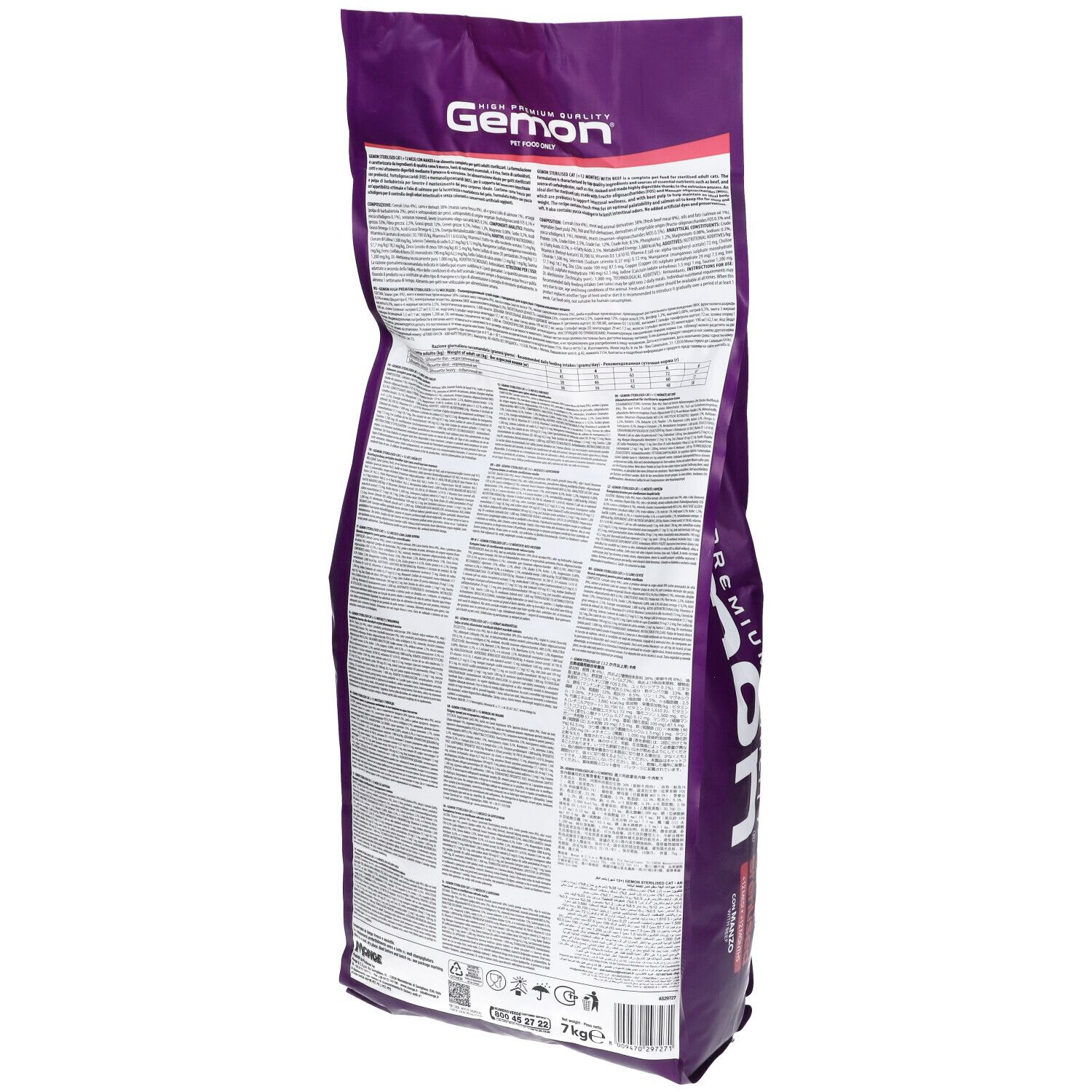 Retro del sacchetto di cibo per gatti Gemon. Informazioni testuali in più lingue. Confezione viola e bianca. Contiene loghi e certificazioni.