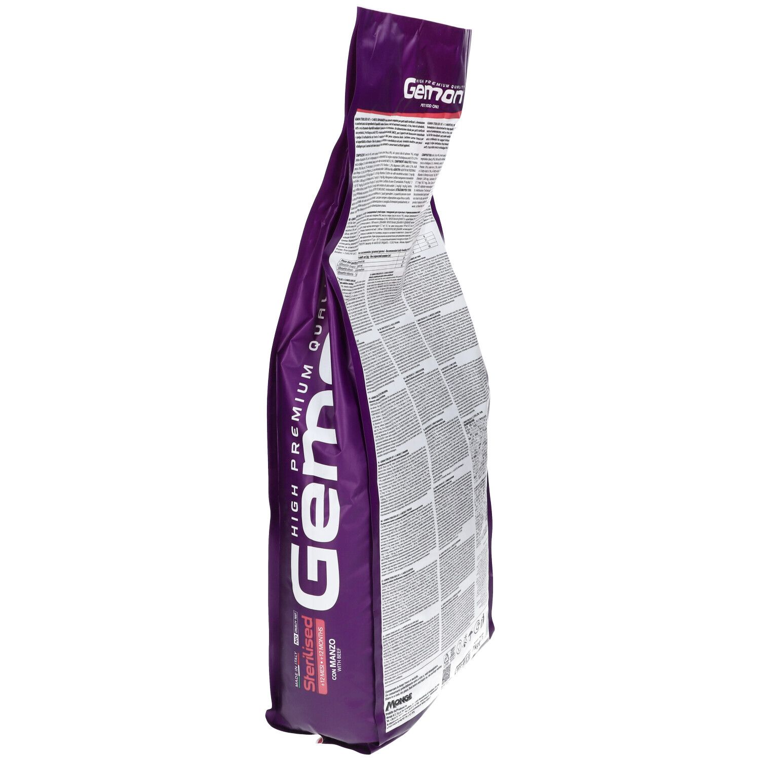 Sacchetto di cibo per gatti Gemon, vista laterale. Informazioni testuali e loghi. Confezione viola e bianca. Contiene informazioni e certificazioni.