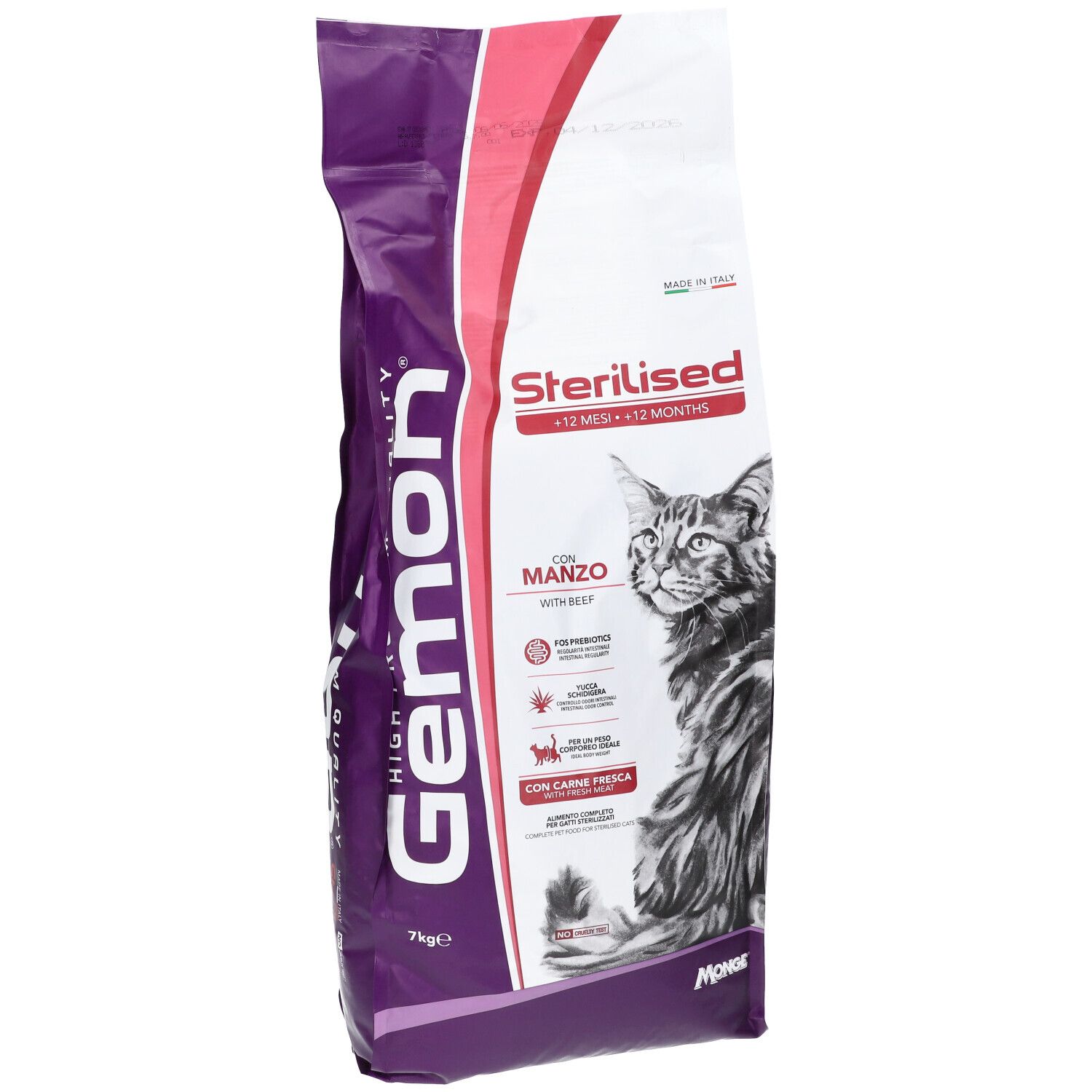 Sacchetto di cibo per gatti Gemon Sterilised con Manzo. Immagine di un gatto. Confezione viola e bianca. Contiene informazioni e loghi.