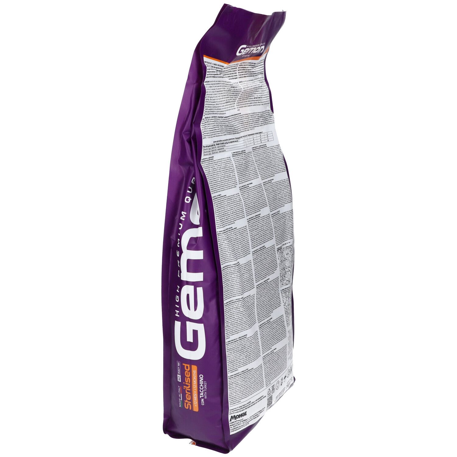 Sacchetto di cibo per gatti Gemon, vista laterale. Viola e bianco. Retro con testo. Scritta: Gemon, Sterilised.