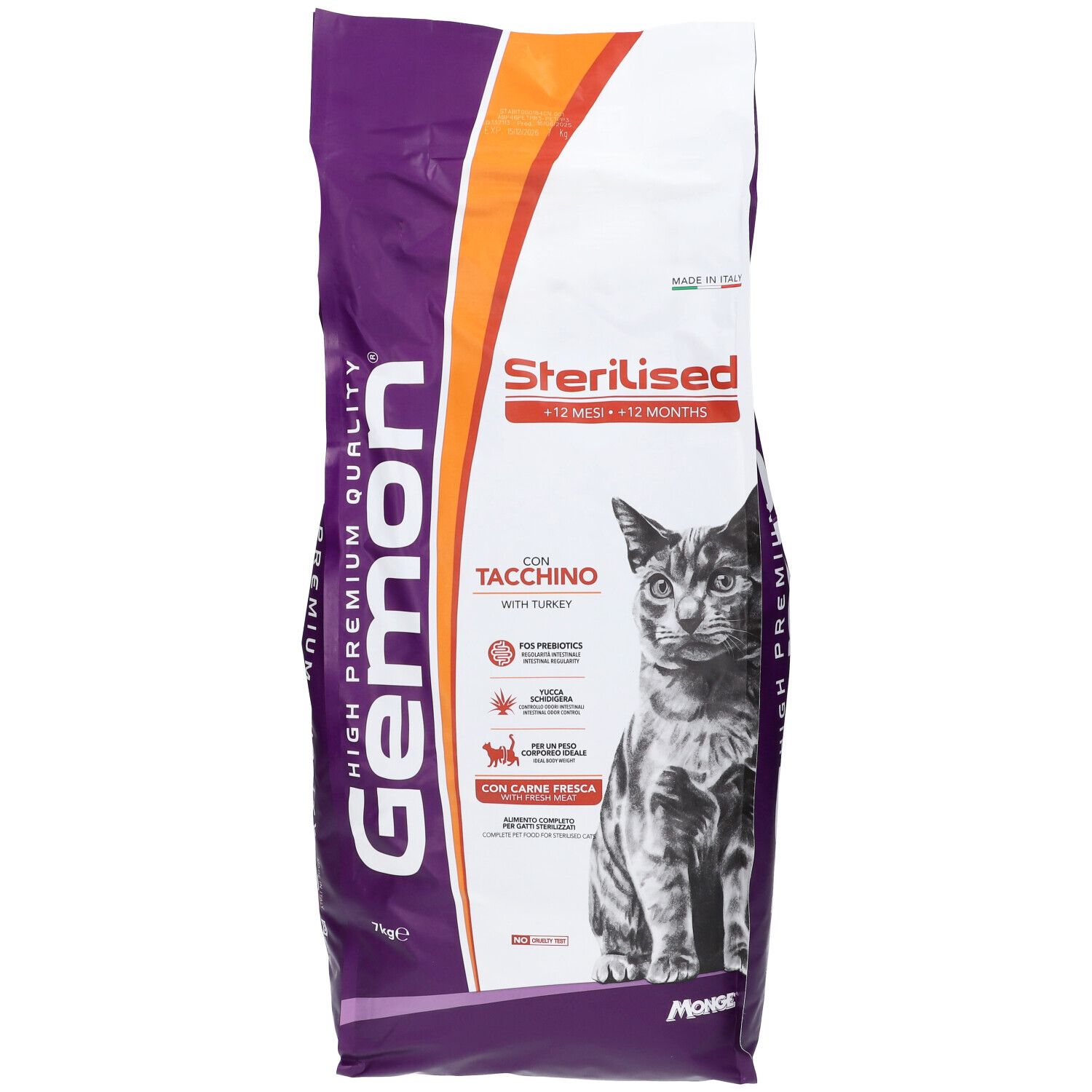 Sacchetto di cibo per gatti Gemon, viola e bianco. Scritta: Sterilised, con Tacchino, gatto. Contiene probiotici e carne fresca. 7kg.