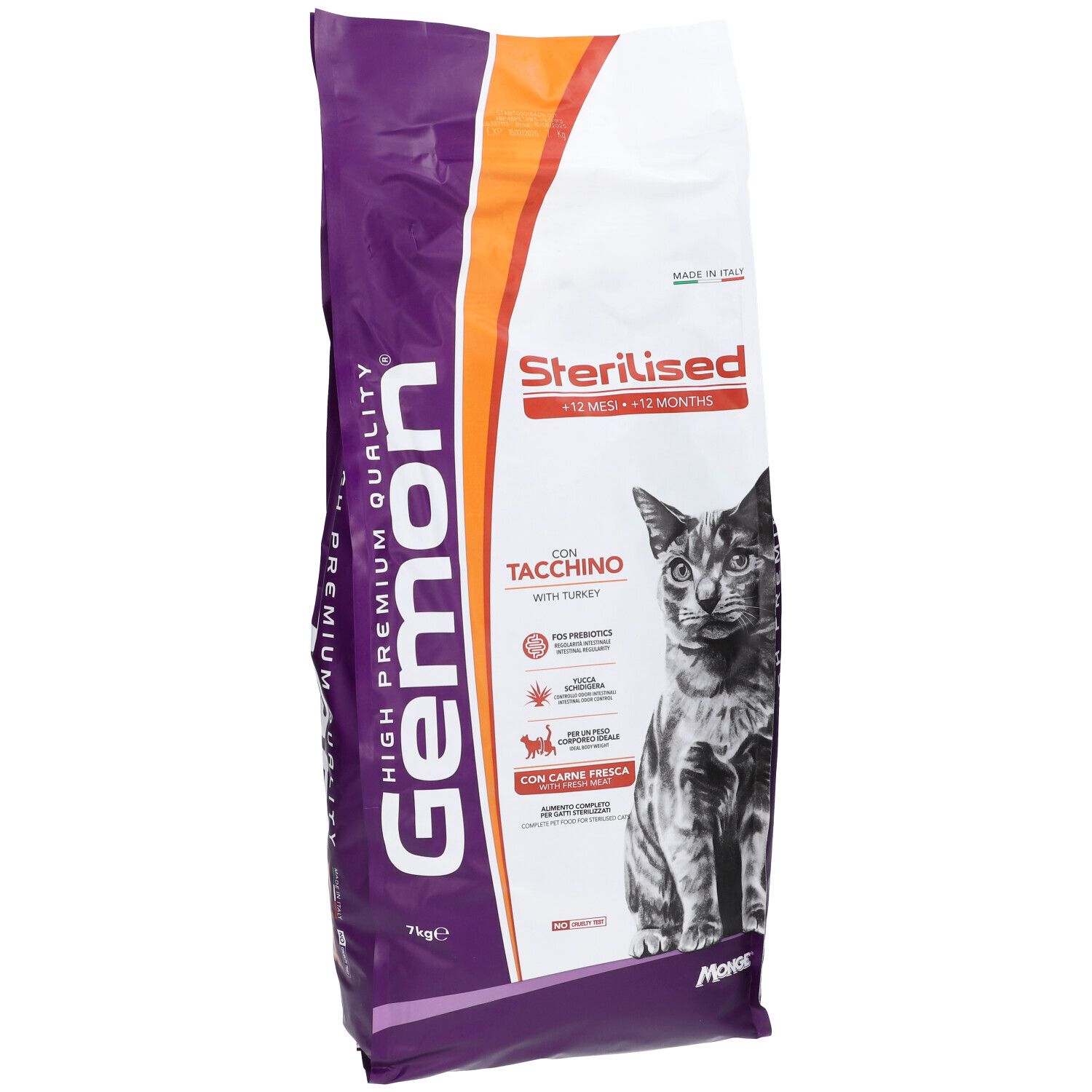 Sacchetto di cibo per gatti Gemon, viola e bianco. Scritta: Sterilised, con Tacchino, gatto. Contiene probiotici e carne fresca. 7kg.