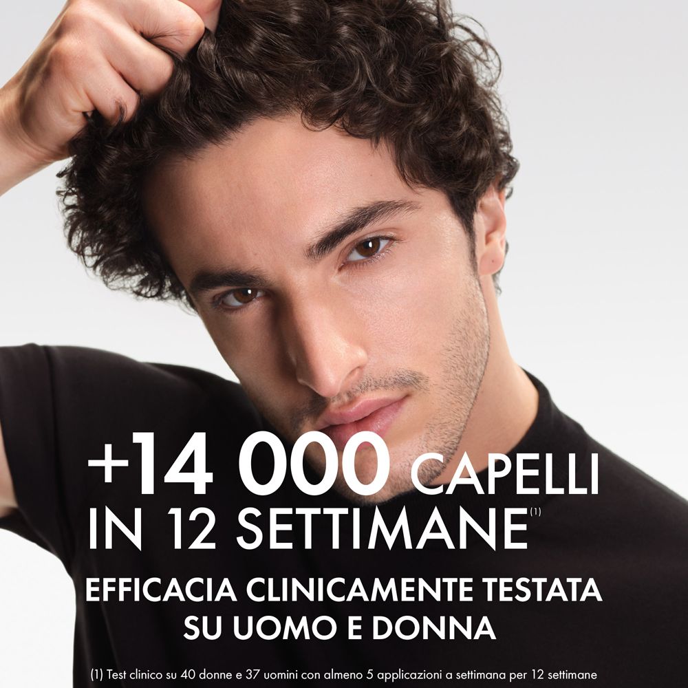 Uomo con capelli scuri. Testo: +14.000 capelli in 12 settimane. Efficacia clinicamente testata.