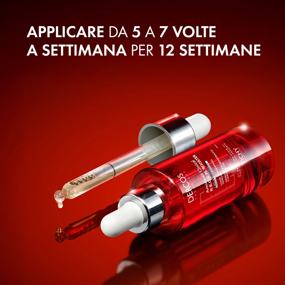 Flacone rosso con siero. Testo: Applicare da 5 a 7 volte a settimana per 12 settimane.