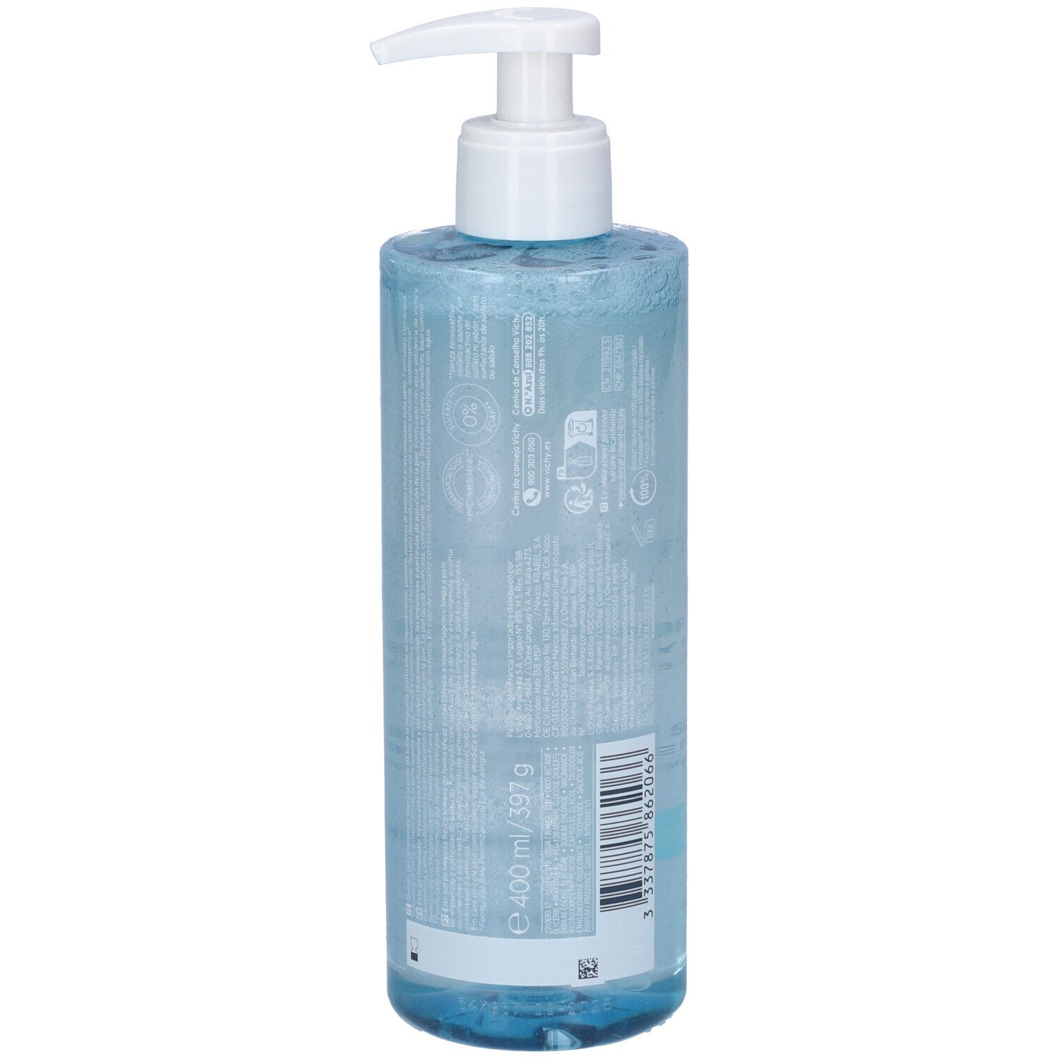 Prodotto per la cura della pelle con dosatore. Liquido trasparente in flacone cilindrico. Retro con testo e codice a barre.