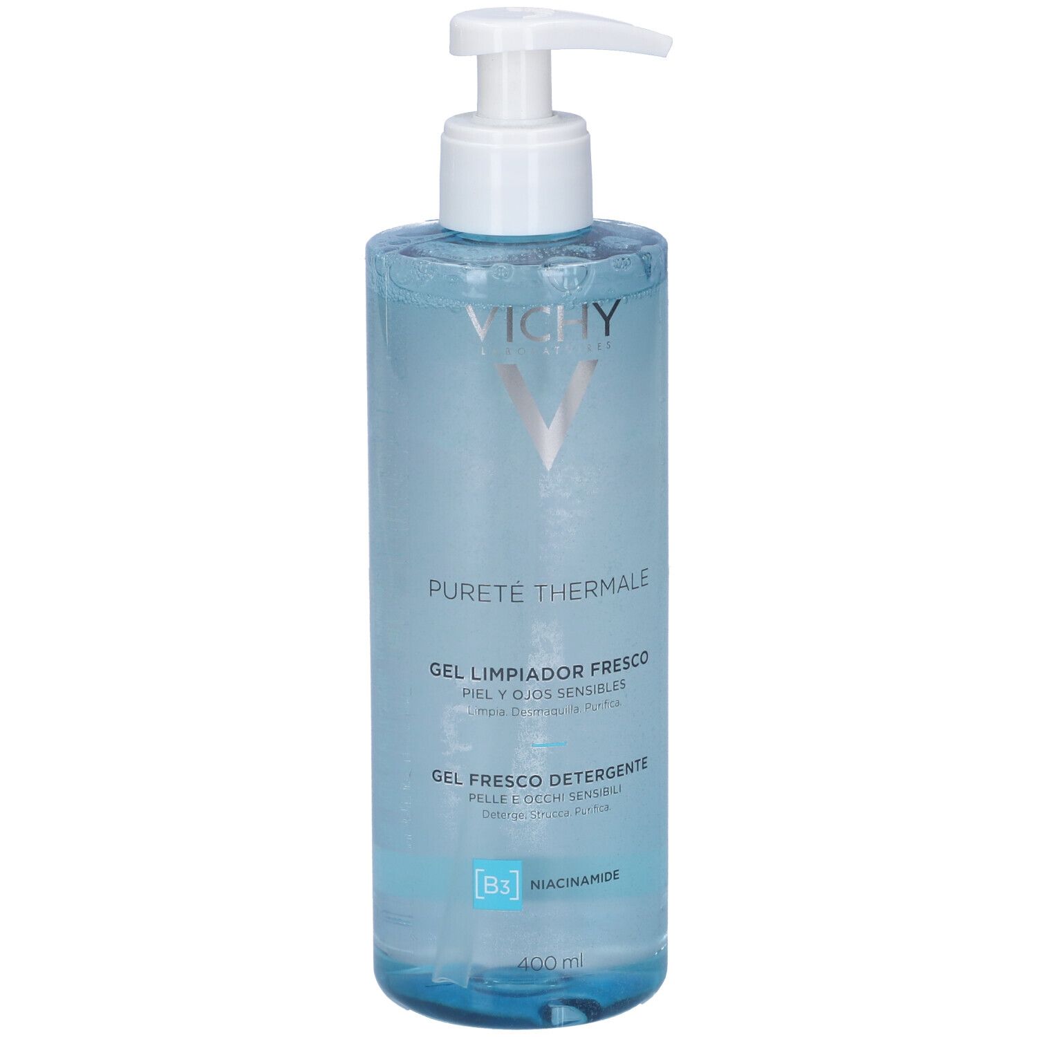 Prodotto per la cura della pelle con dosatore. Liquido blu in flacone cilindrico. Scritta: Vichy Pureté Thermale.