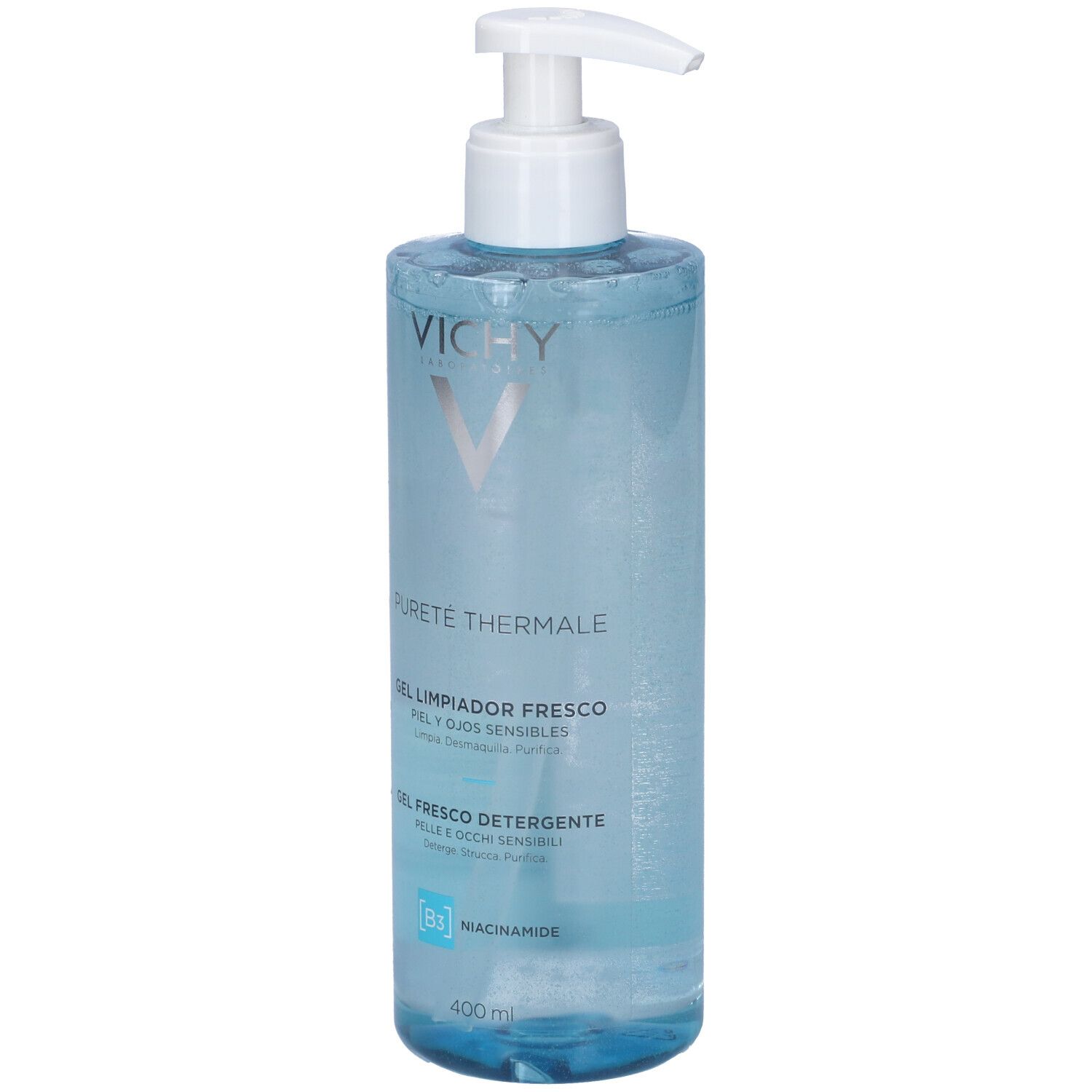 Prodotto per la cura della pelle con dosatore. Liquido blu in flacone cilindrico. Scritta: Vichy Pureté Thermale, 400 ml.