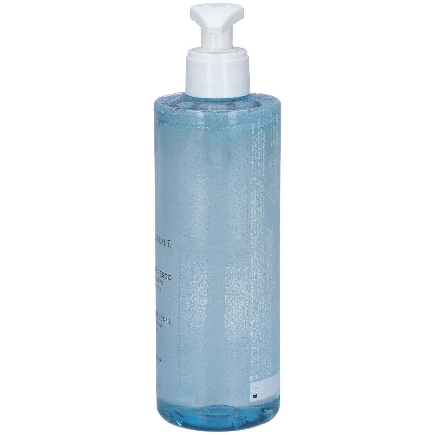 Prodotto per la cura della pelle con dosatore. Liquido blu in flacone cilindrico. Scritta e codice a barre.