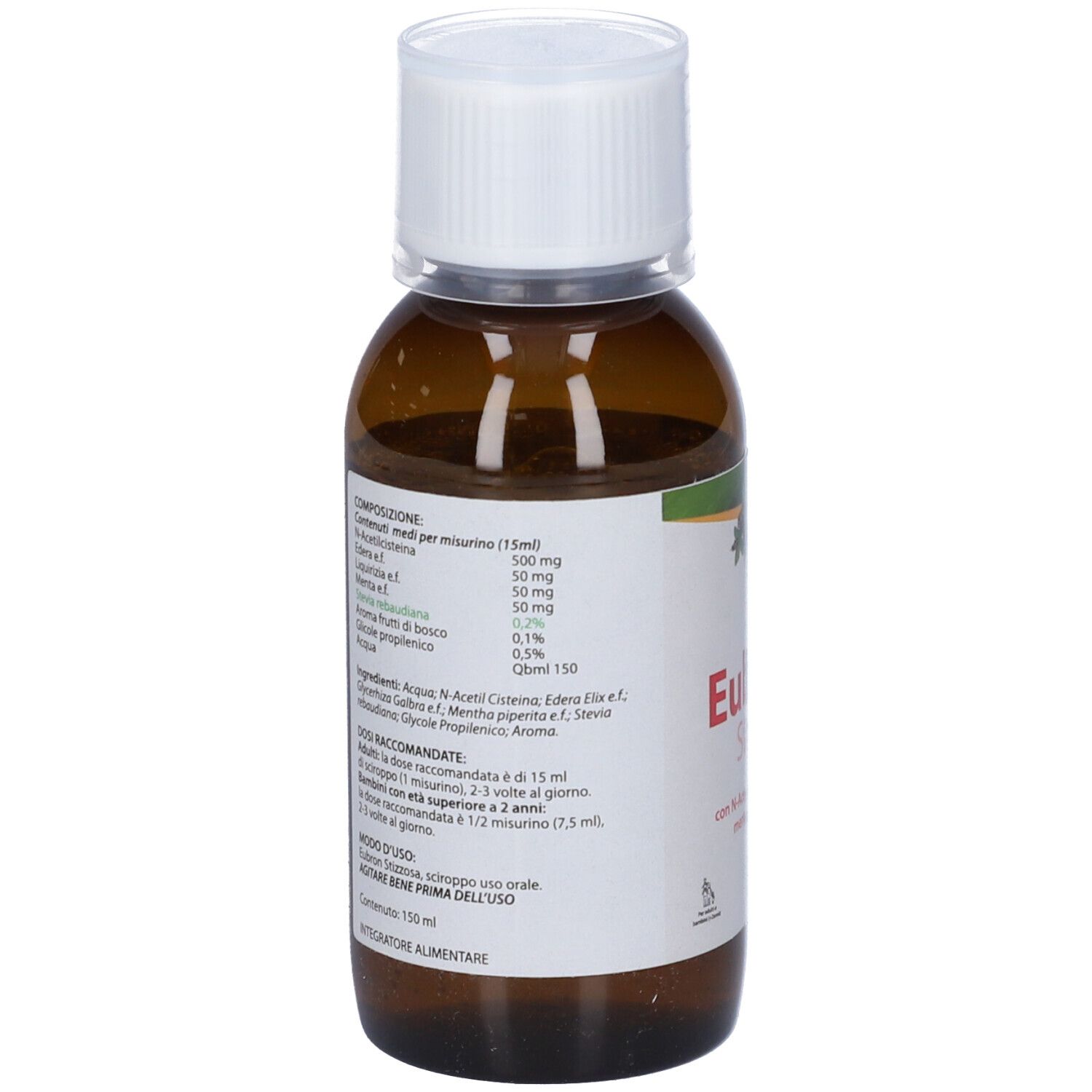 Flacone marrone con tappo bianco. Etichetta con ingredienti e istruzioni per il dosaggio.