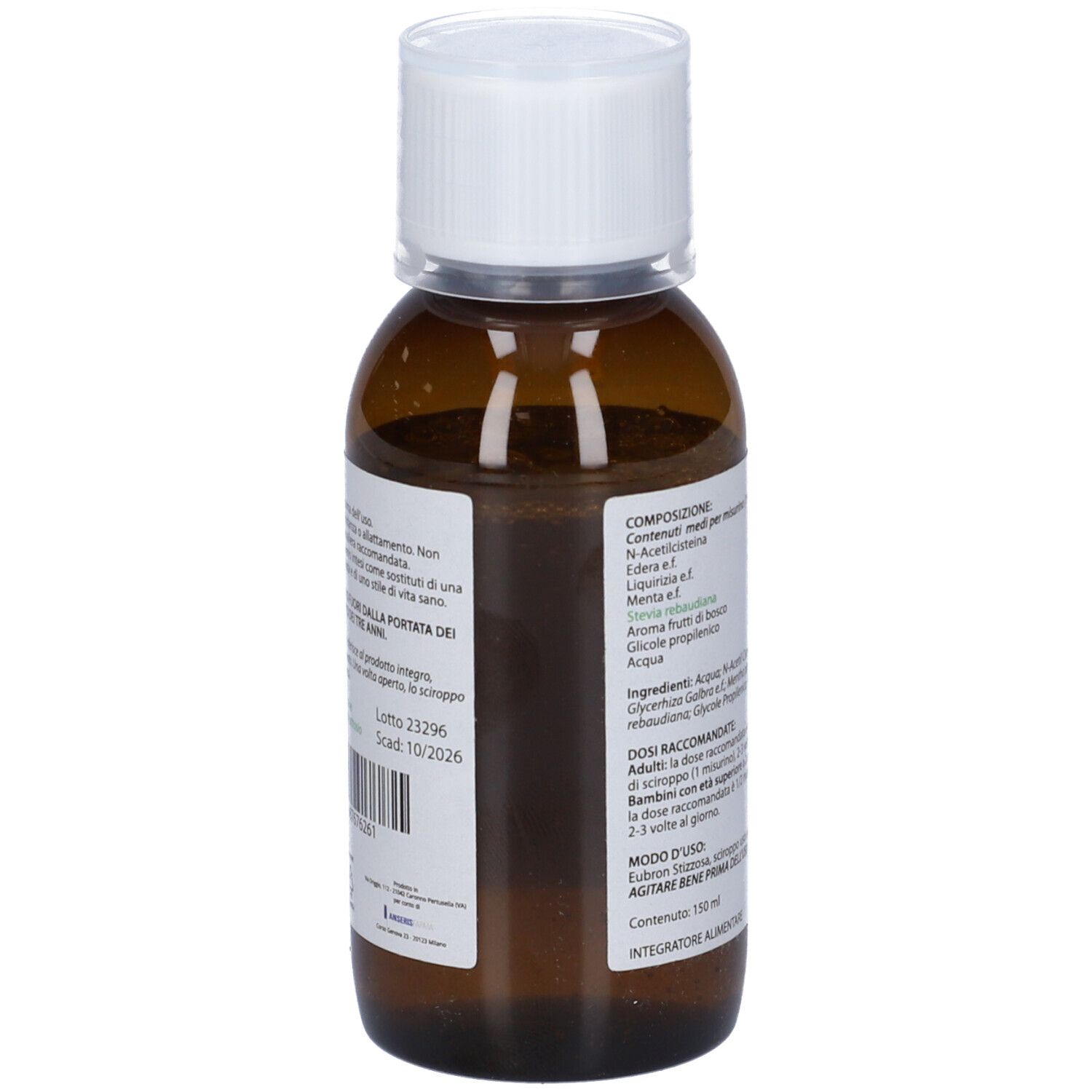 Flacone marrone con tappo bianco. Retro dell'etichetta con informazioni.