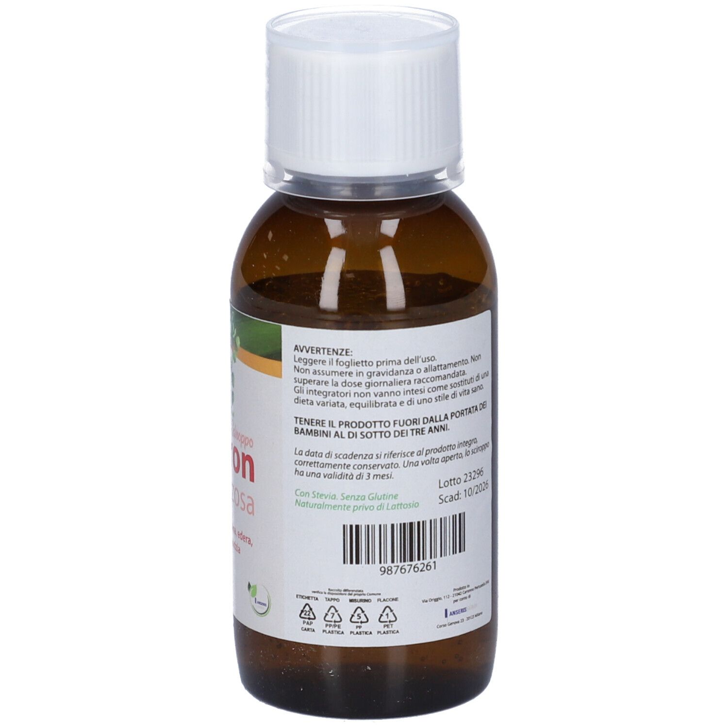 Flacone marrone con tappo bianco. Etichetta con avvertenze e data di scadenza.