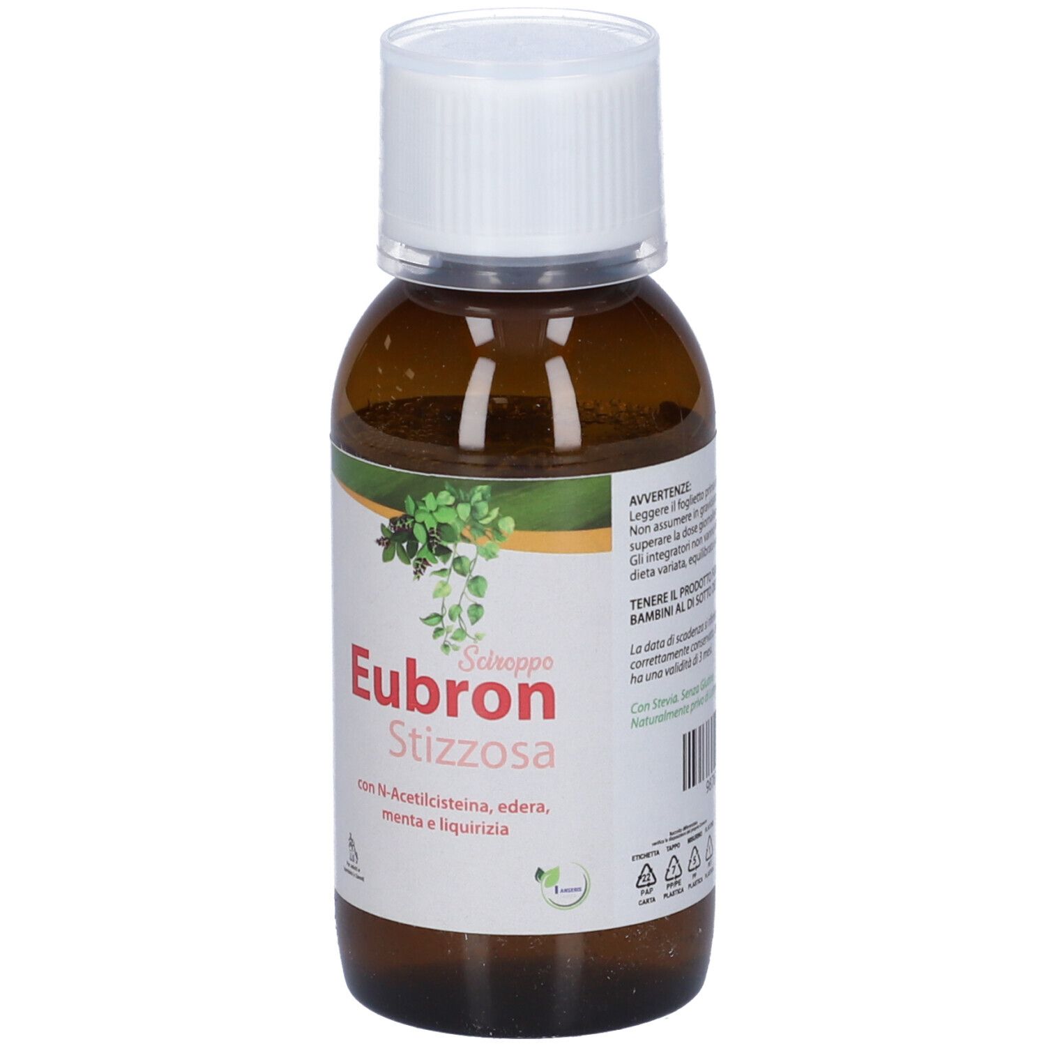 Flacone marrone con tappo bianco. Etichetta con nome del prodotto "Eubron Stizzosa".