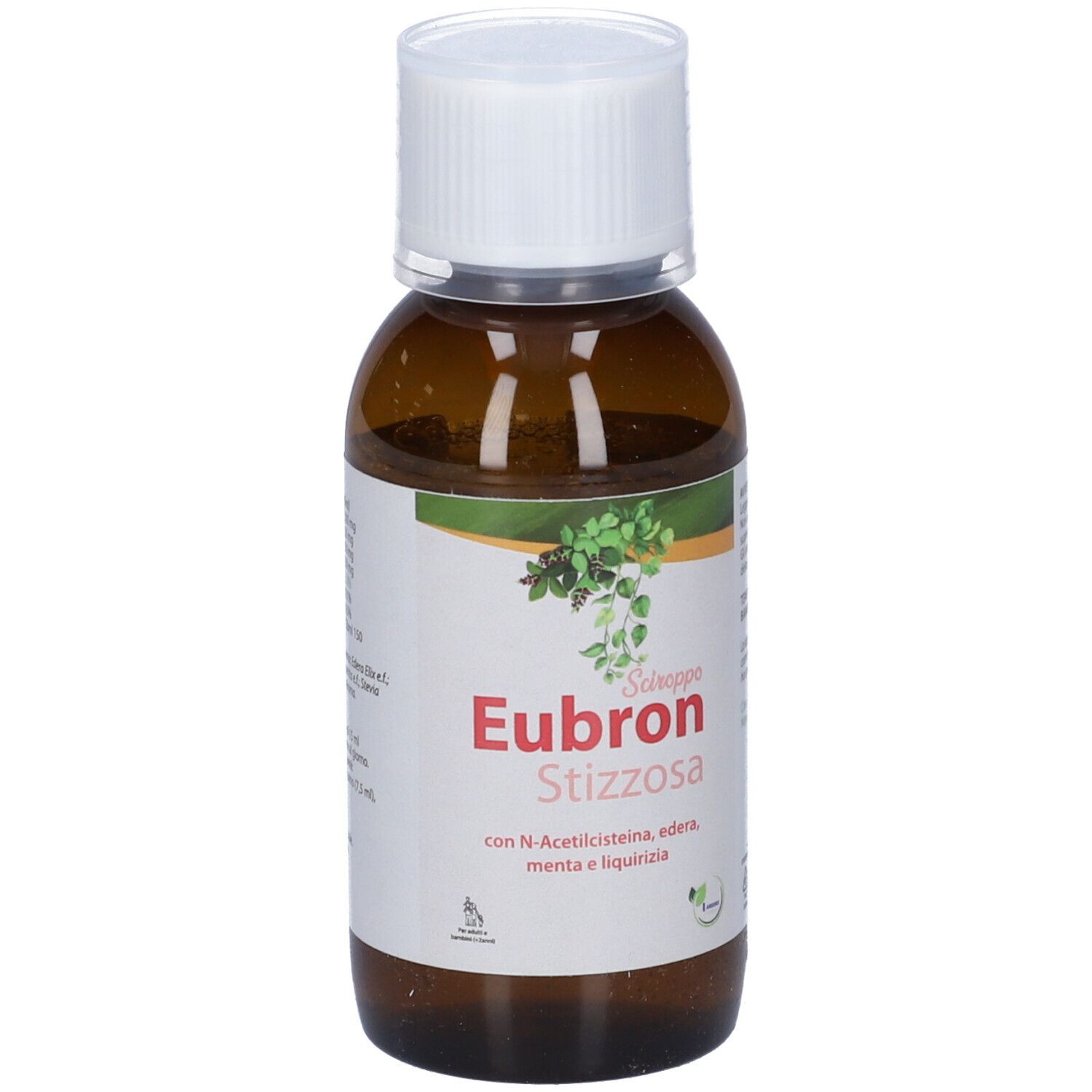 Flacone marrone con tappo bianco. Etichetta con nome del prodotto "Eubron Stizzosa".