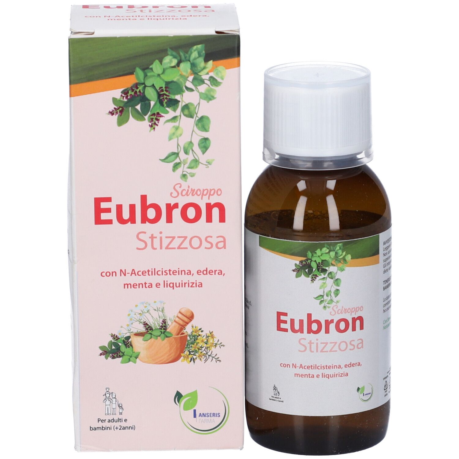 Flacone e scatola del prodotto. Sulla scatola è scritto "Eubron Stizzosa".