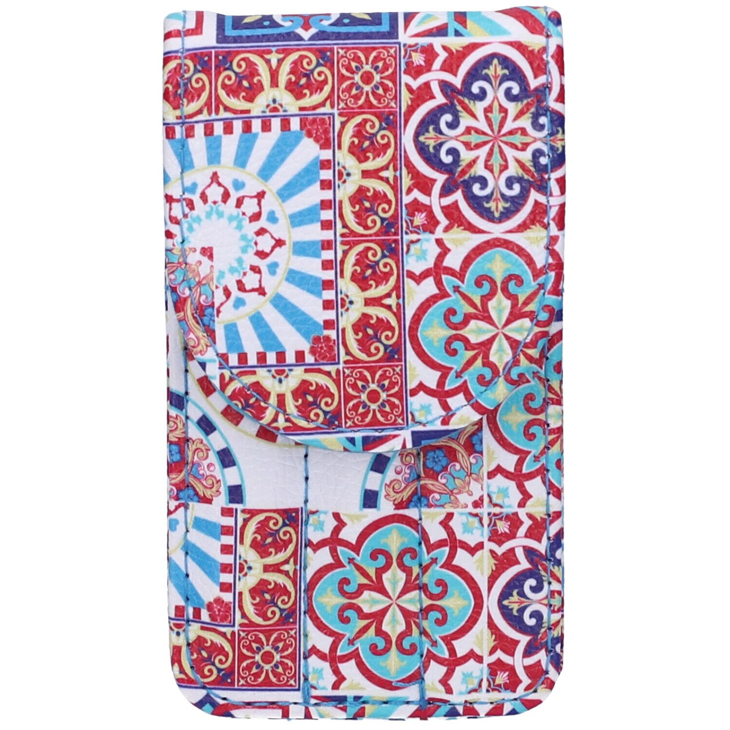 Beauty case con motivo a piastrelle colorate che copre l'intera superficie. Patta con bottone a pressione.
