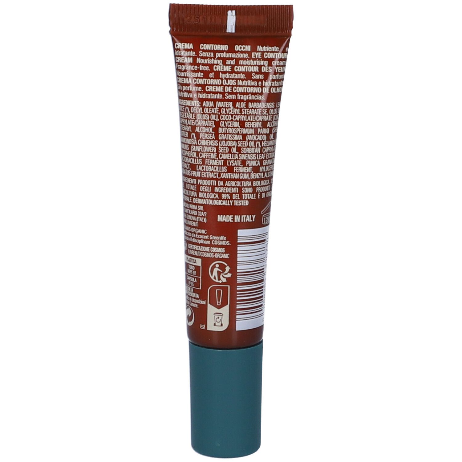 Retro del tubo marrone con tappo blu. Testo multilingue. Codice a barre e certificazioni.
