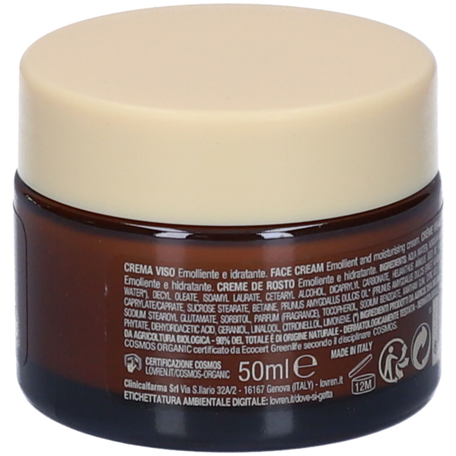 Vasetto di crema marrone con coperchio beige. Testo: Crema Viso, Emolliente e idratante. Certificazione Cosmos. 50ml.