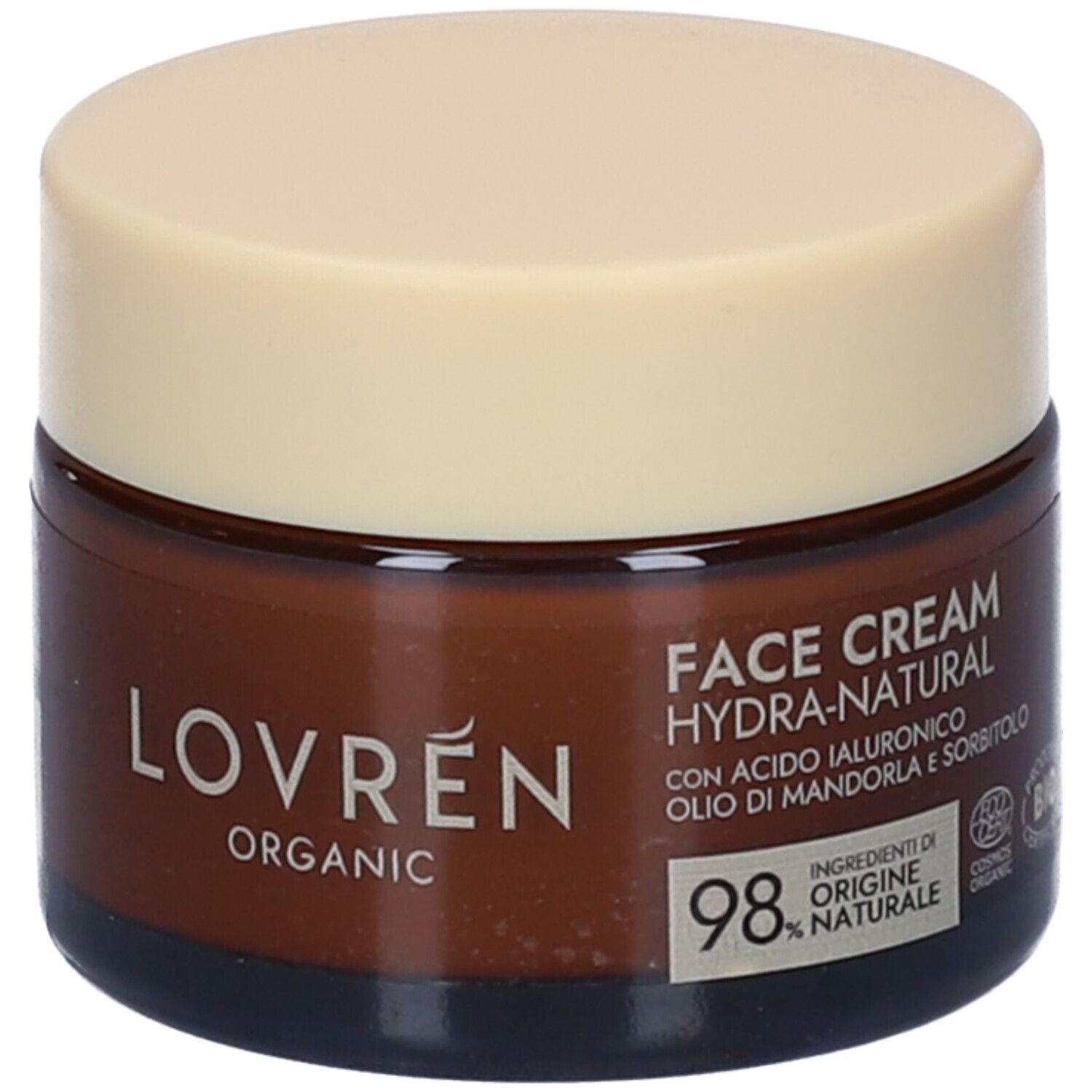 Vasetto di crema marrone con coperchio beige. Scritta: Lovren Organic. Testo: Face Cream Hydra-Natural. 98% ingredienti naturali.