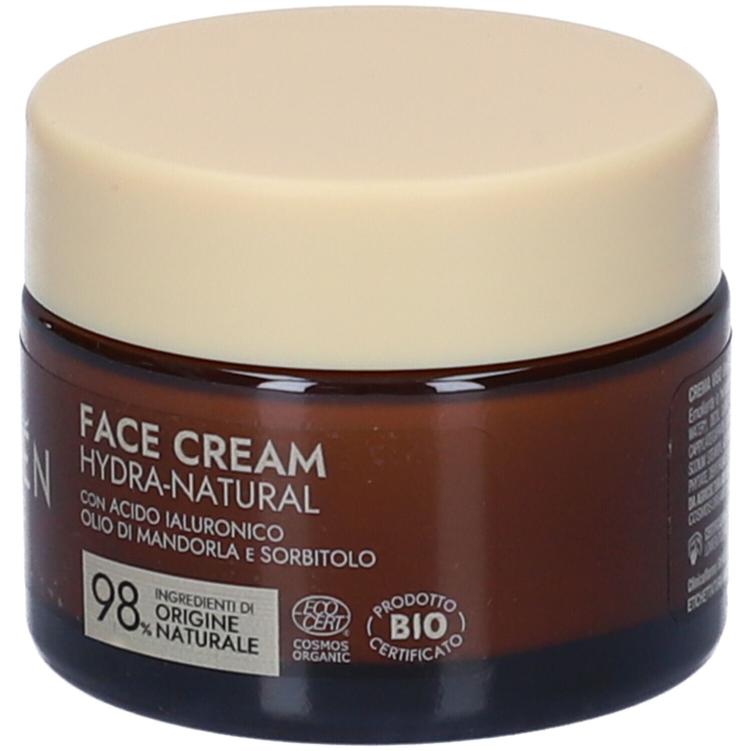Vasetto di crema marrone con coperchio beige. Scritta: Lovren. Testo: Face Cream Hydra-Natural. Certificazione Bio.