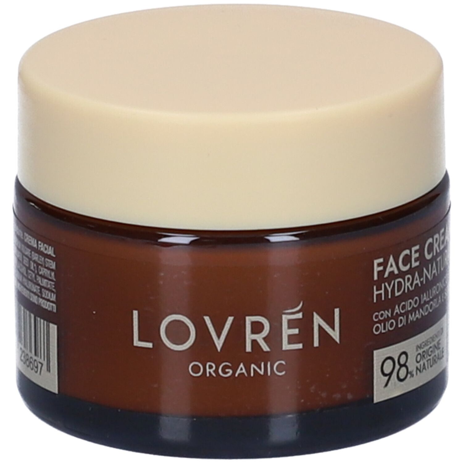 Vasetto di crema marrone con coperchio beige. Scritta: Lovren Organic. Testo: Face Cream Hydra-Natural. 98% ingredienti naturali.