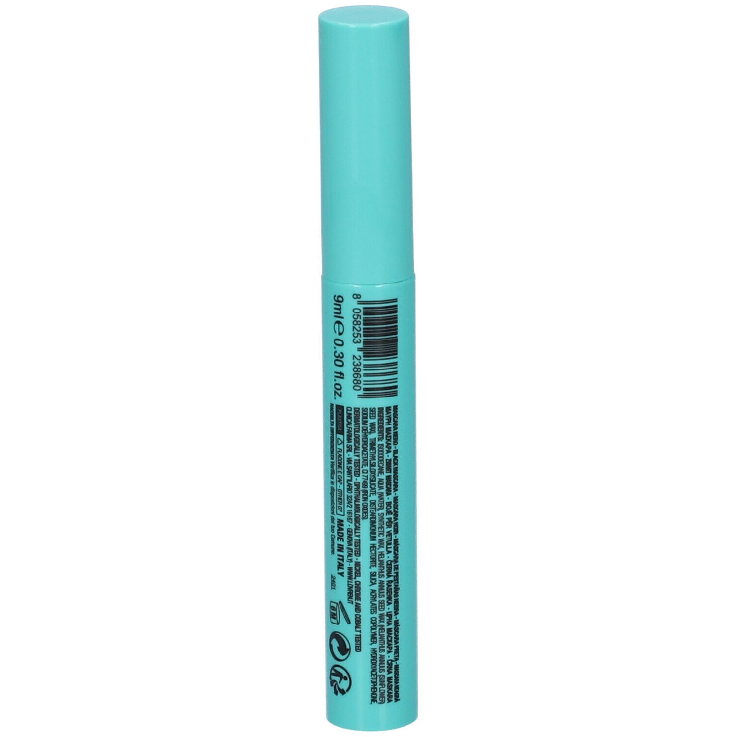 Tubetto mascara turchese con codice a barre e testo. 9ml, 0.30 fl.oz. Made in Italy. Forma cilindrica.