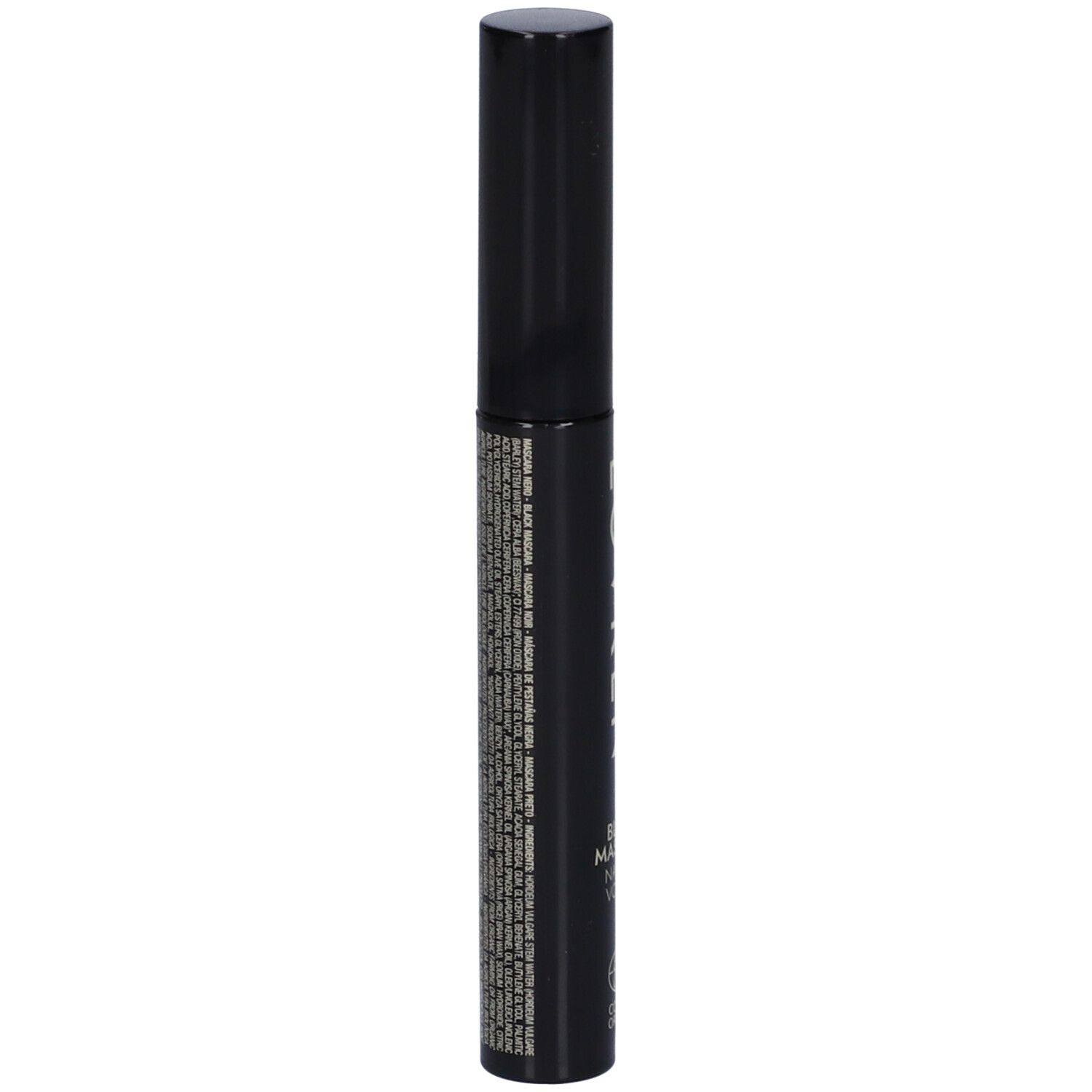 Tubo di mascara nero con tappo nero. Testo sul lato.