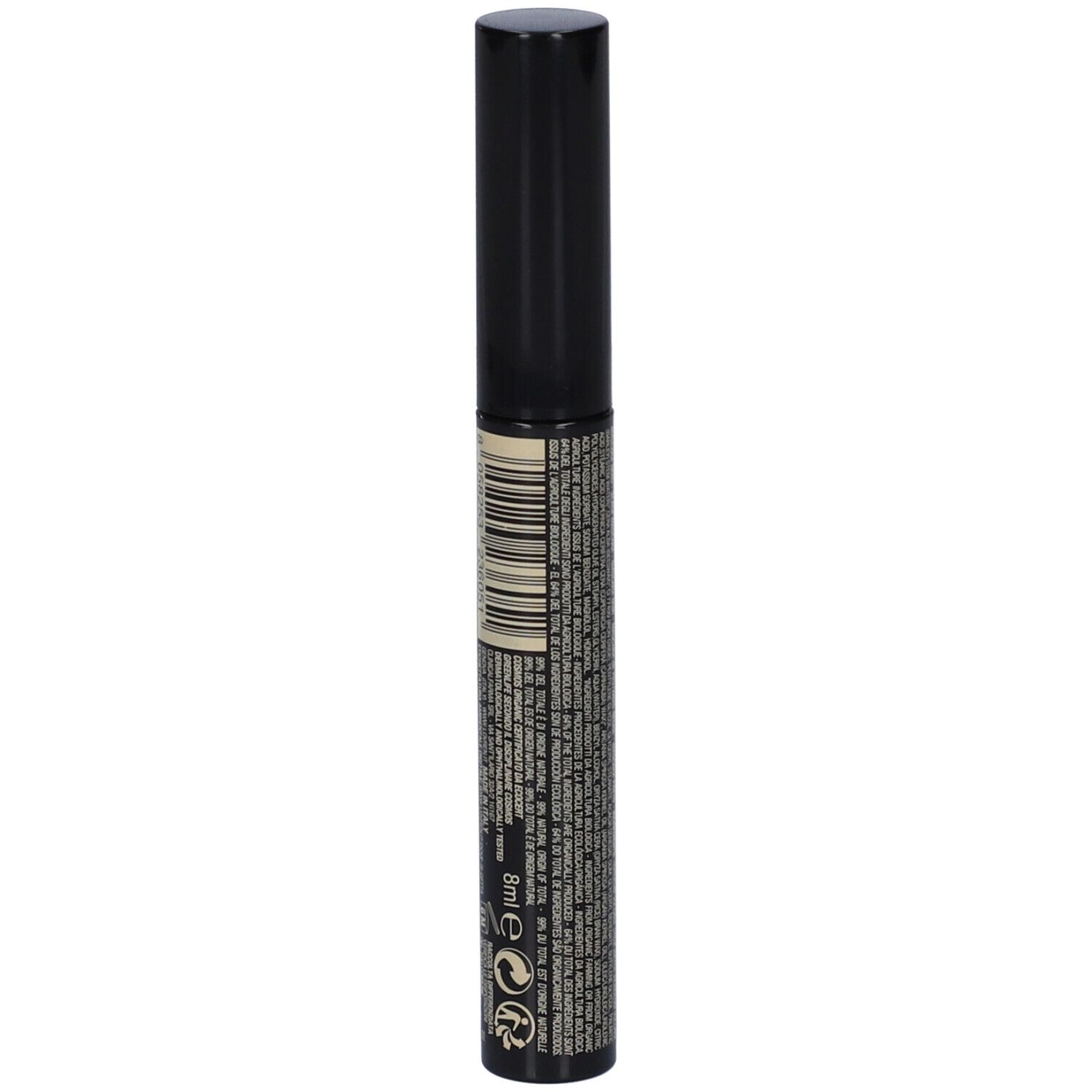 Tubo di mascara nero con tappo nero. Codice a barre e testo sul lato.