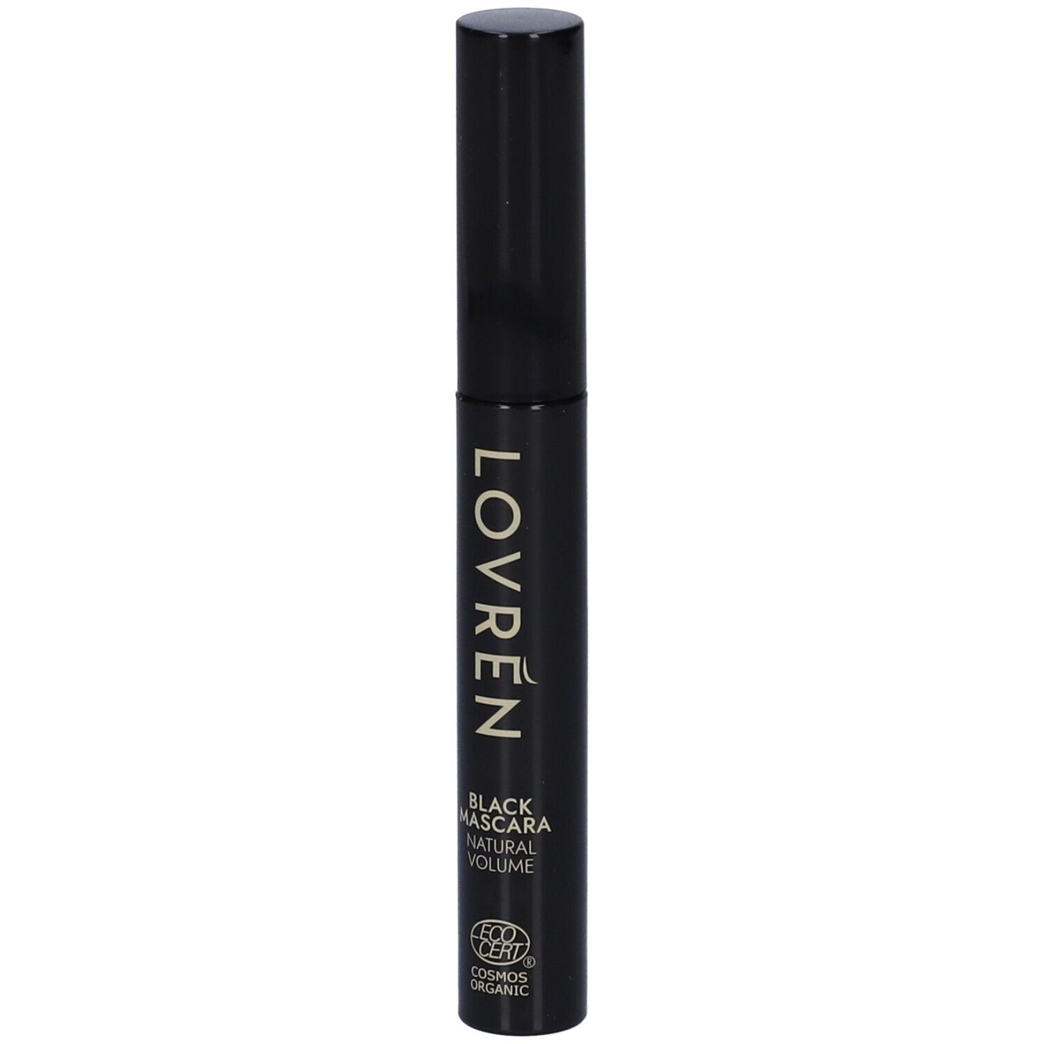 Tubo di mascara nero con tappo nero. Scritta: LOVRÉN, BLACK MASCARA NATURAL VOLUME, COSMOS ORGANIC.