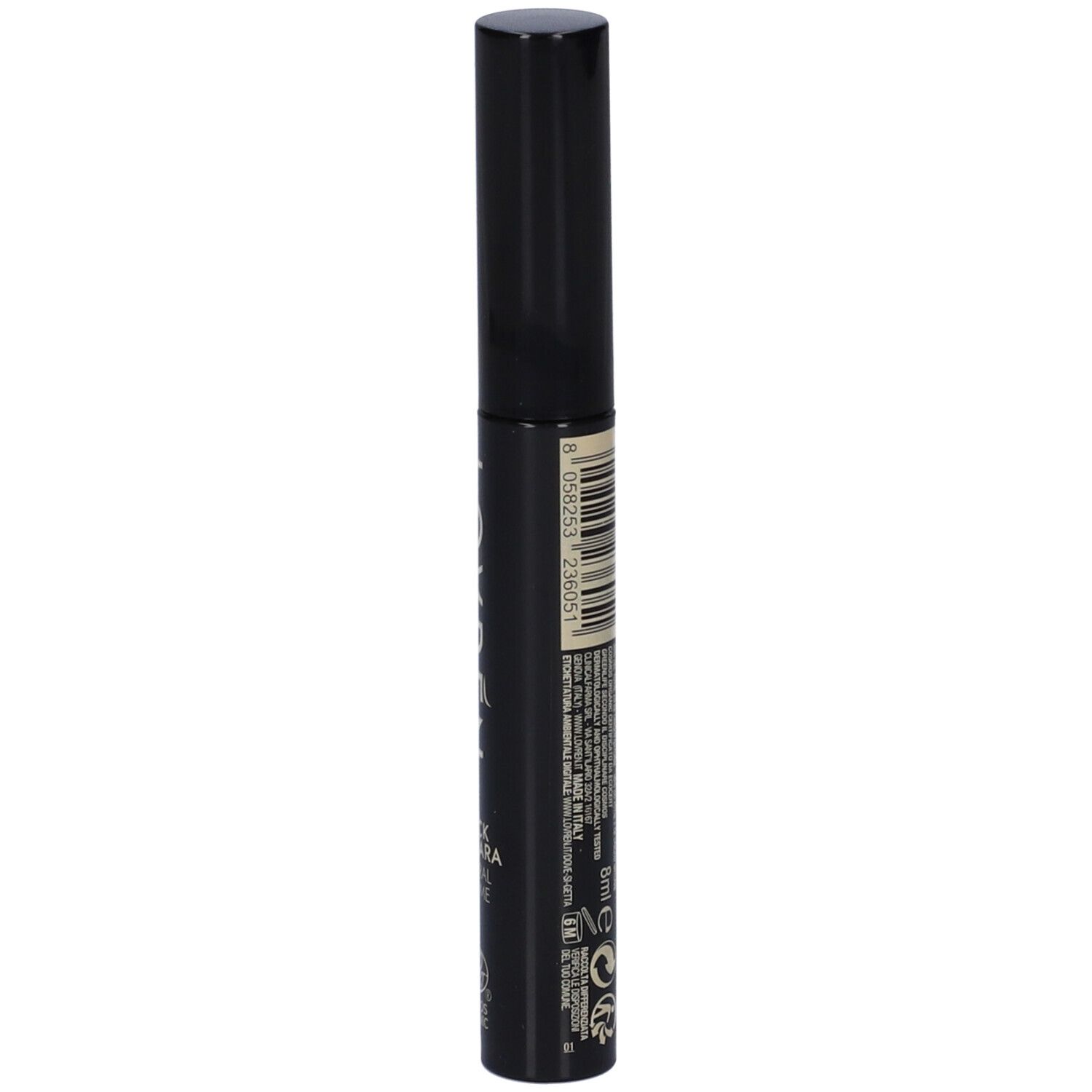 Tubo di mascara nero con tappo nero. Codice a barre e testo sul lato.
