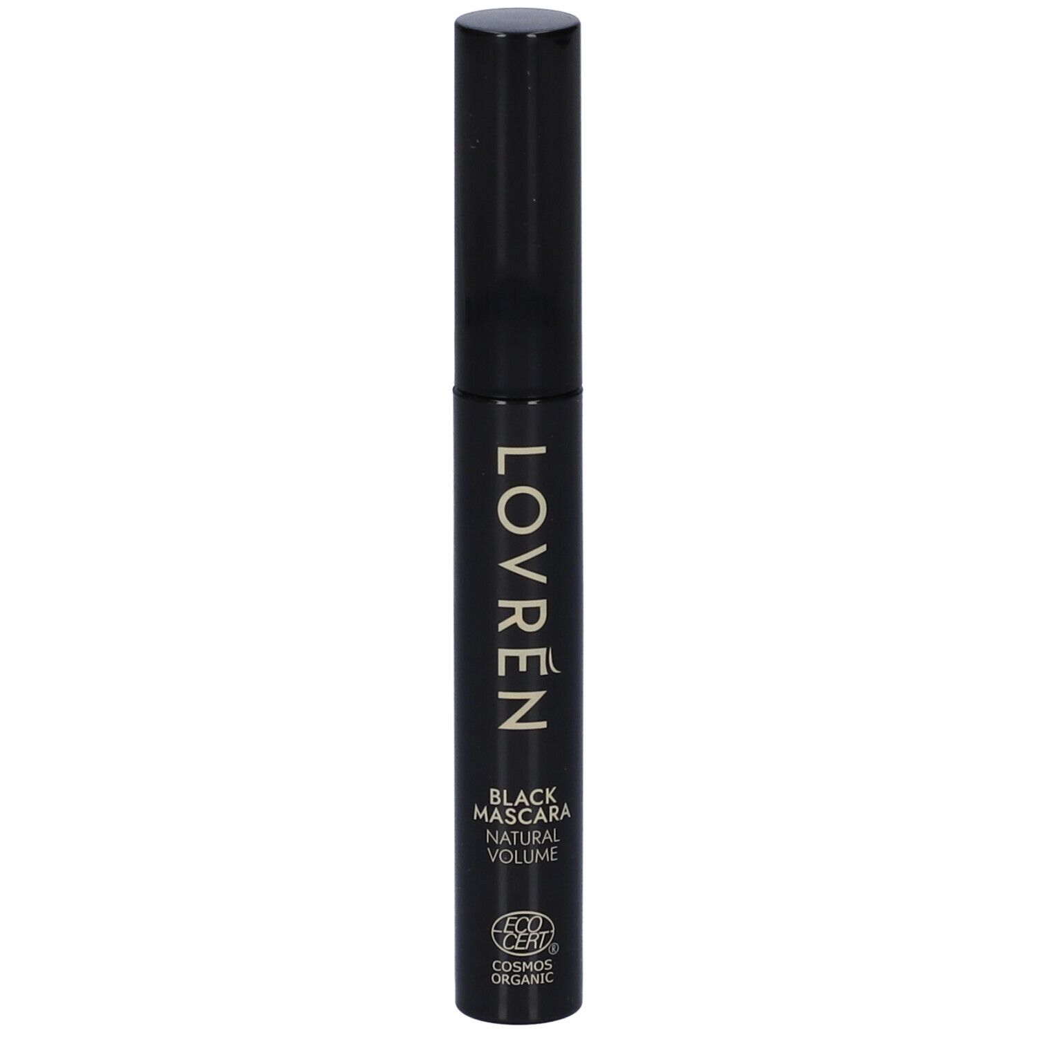 Tubo di mascara nero con tappo nero. Scritta: LOVRÉN, BLACK MASCARA NATURAL VOLUME, COSMOS ORGANIC.