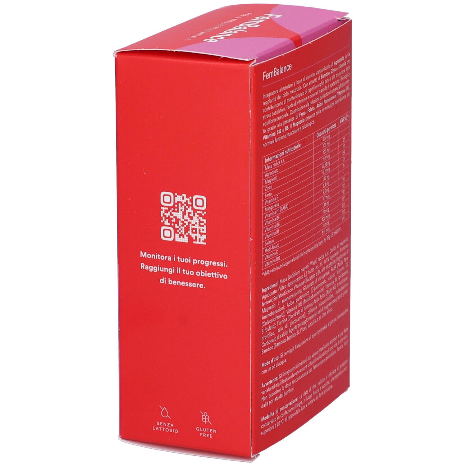 Scatola rossa con codice QR e testo. Marchio 'sestre'. Testo in italiano. Combinazione di colori rosa e rosso.