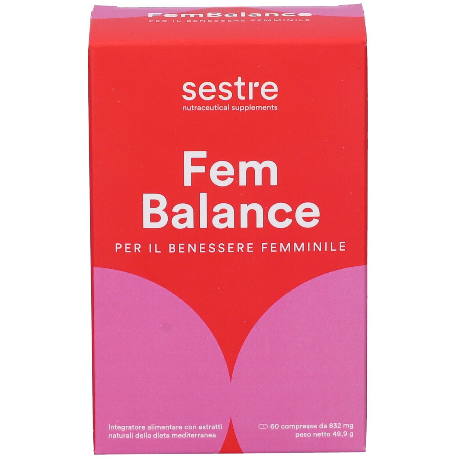 Scatola rossa con scritta 'Fem Balance'. Marchio 'sestre'. Contiene 60 compresse. Combinazione di colori rosa e rosso.