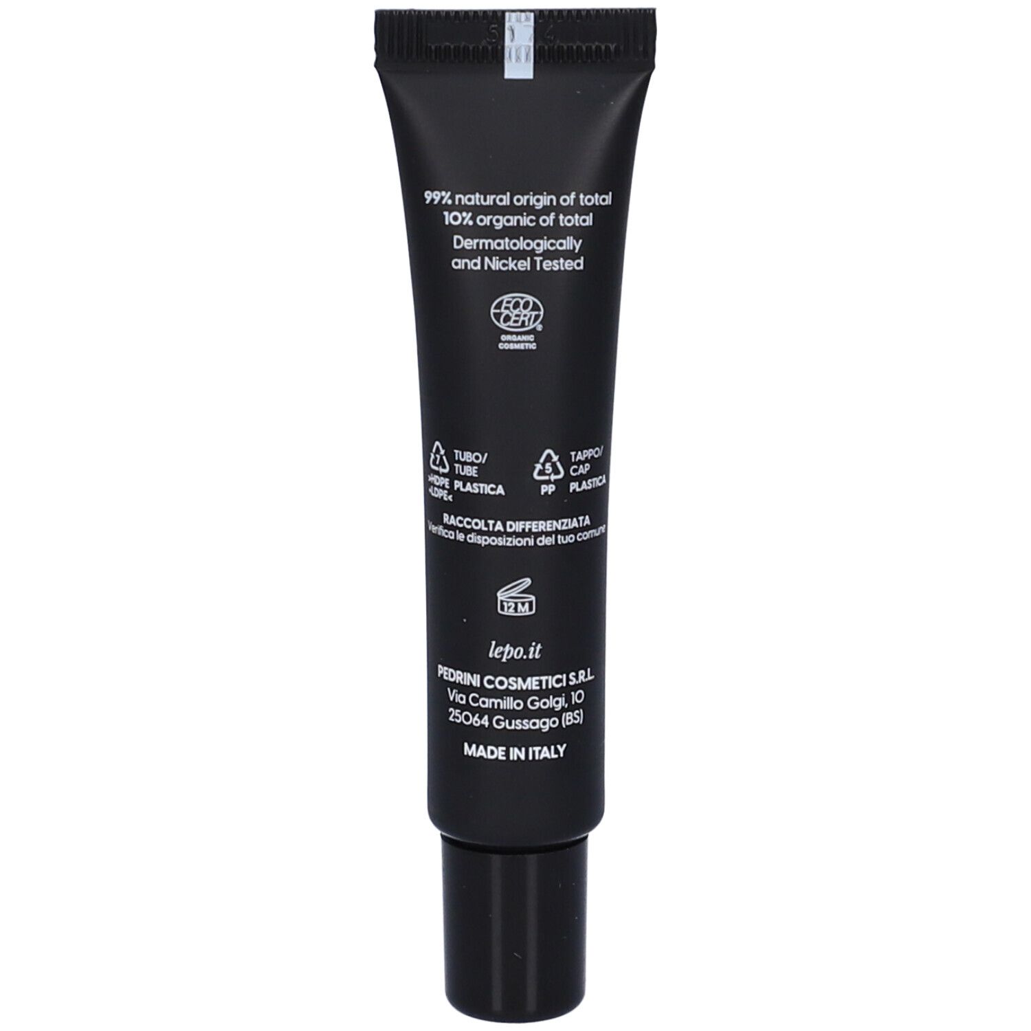 Retro del tubo nero. Testo: 99% ingredienti naturali, 10% biologici. Dermatologicamente testato.