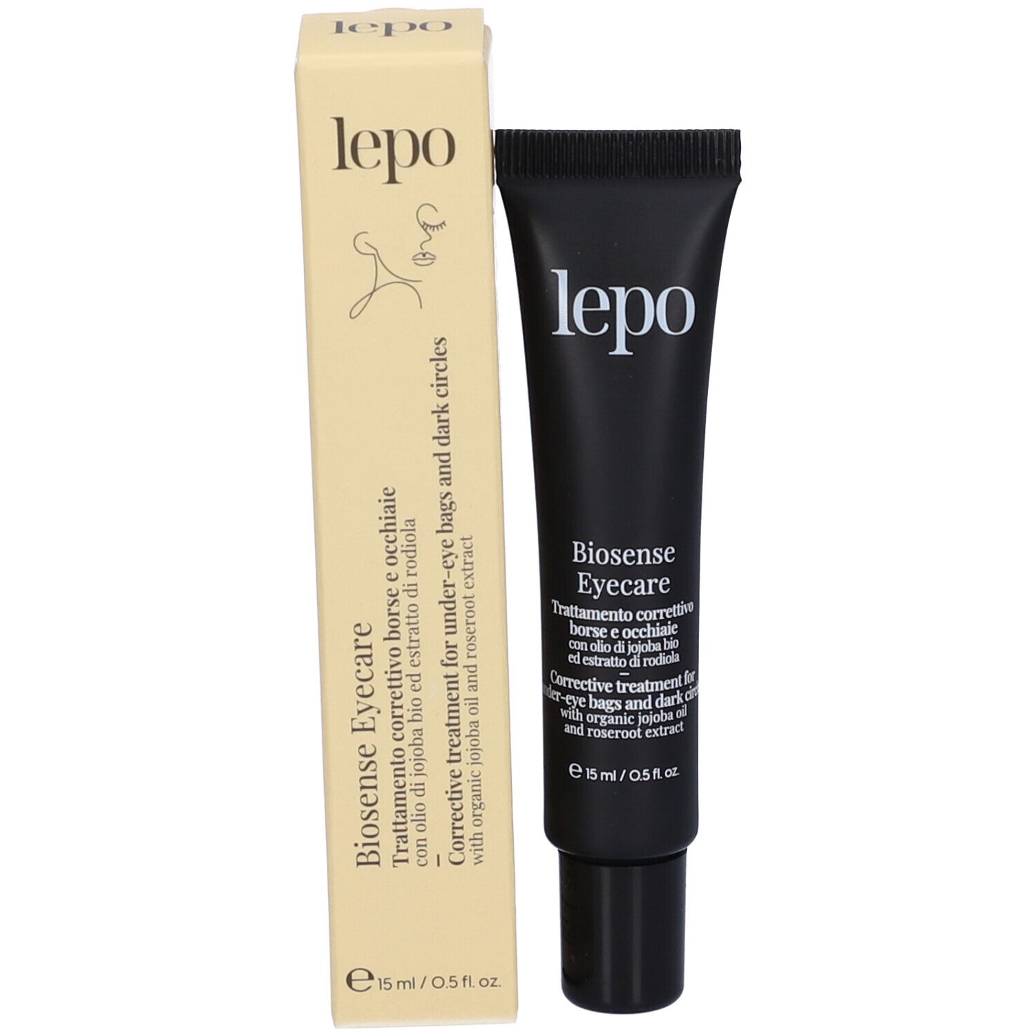 Tubo e confezione. Scritta: lepo Biosense Eyecare. Trattamento correttivo borse e occhiaie.