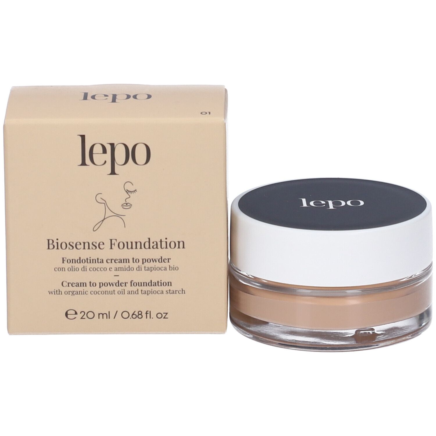 LEPO Biosense Foundation, fondotinta crema-polvere in vasetto con coperchio. Confezione accanto.